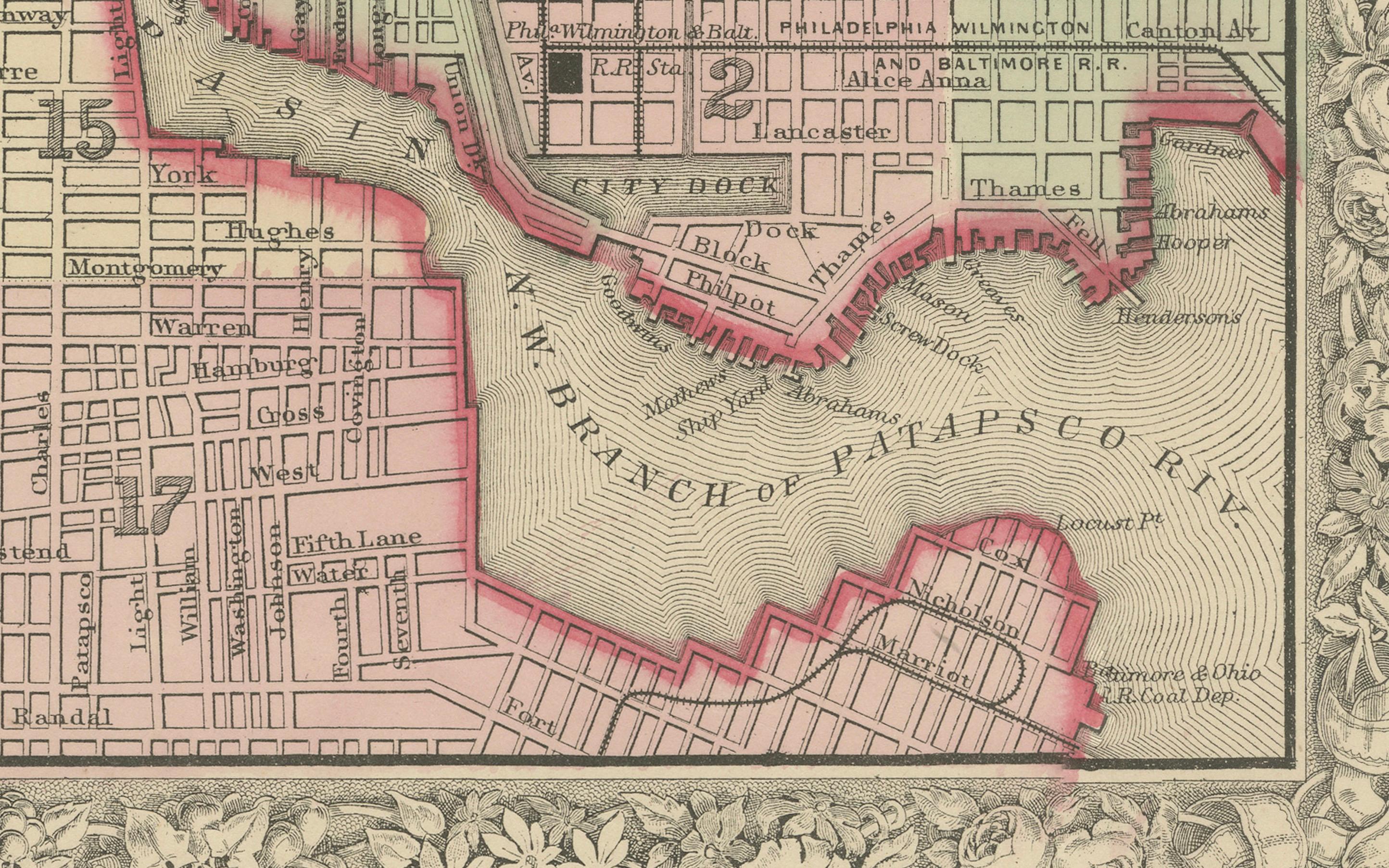 Plano de la ciudad de Baltimore, EE.UU. c.1870 - Plano de calles coloreado a mano en Bueno estado para la venta en Langweer, NL