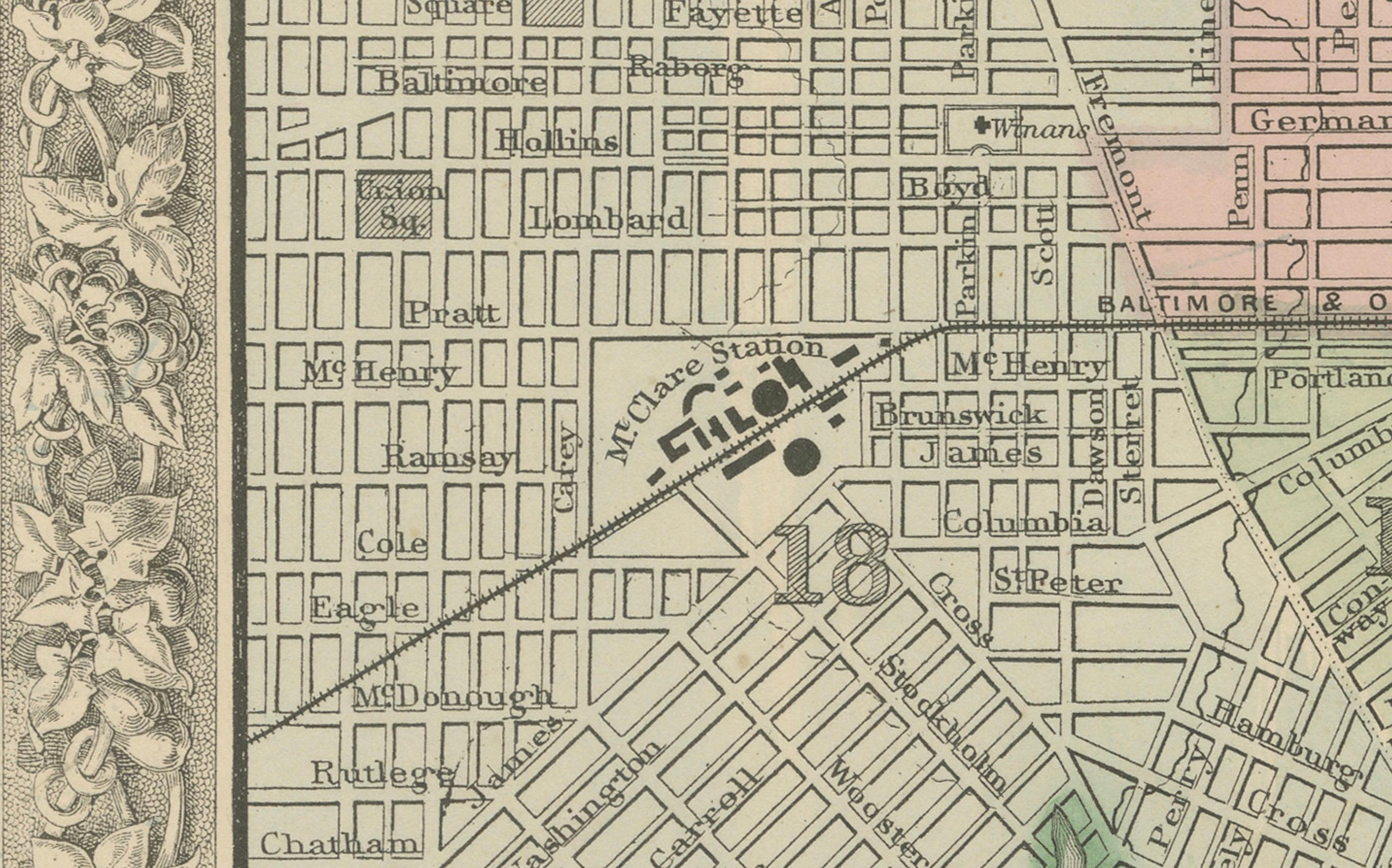 Plano de la ciudad de Baltimore, EE.UU. c.1870 - Plano de calles coloreado a mano Papel en venta