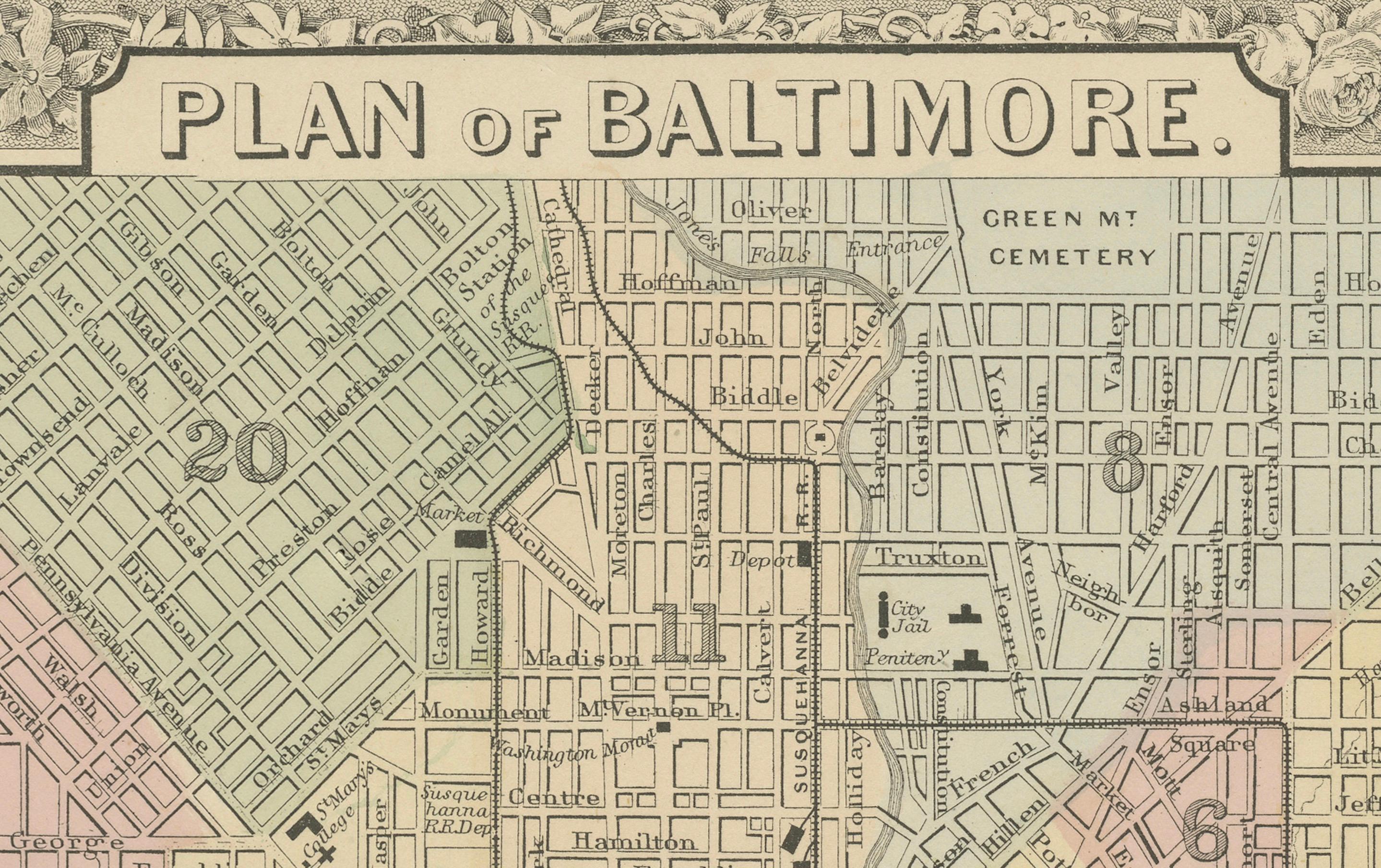 Plano de la ciudad de Baltimore, EE.UU. c.1870 - Plano de calles coloreado a mano siglo XIX en venta