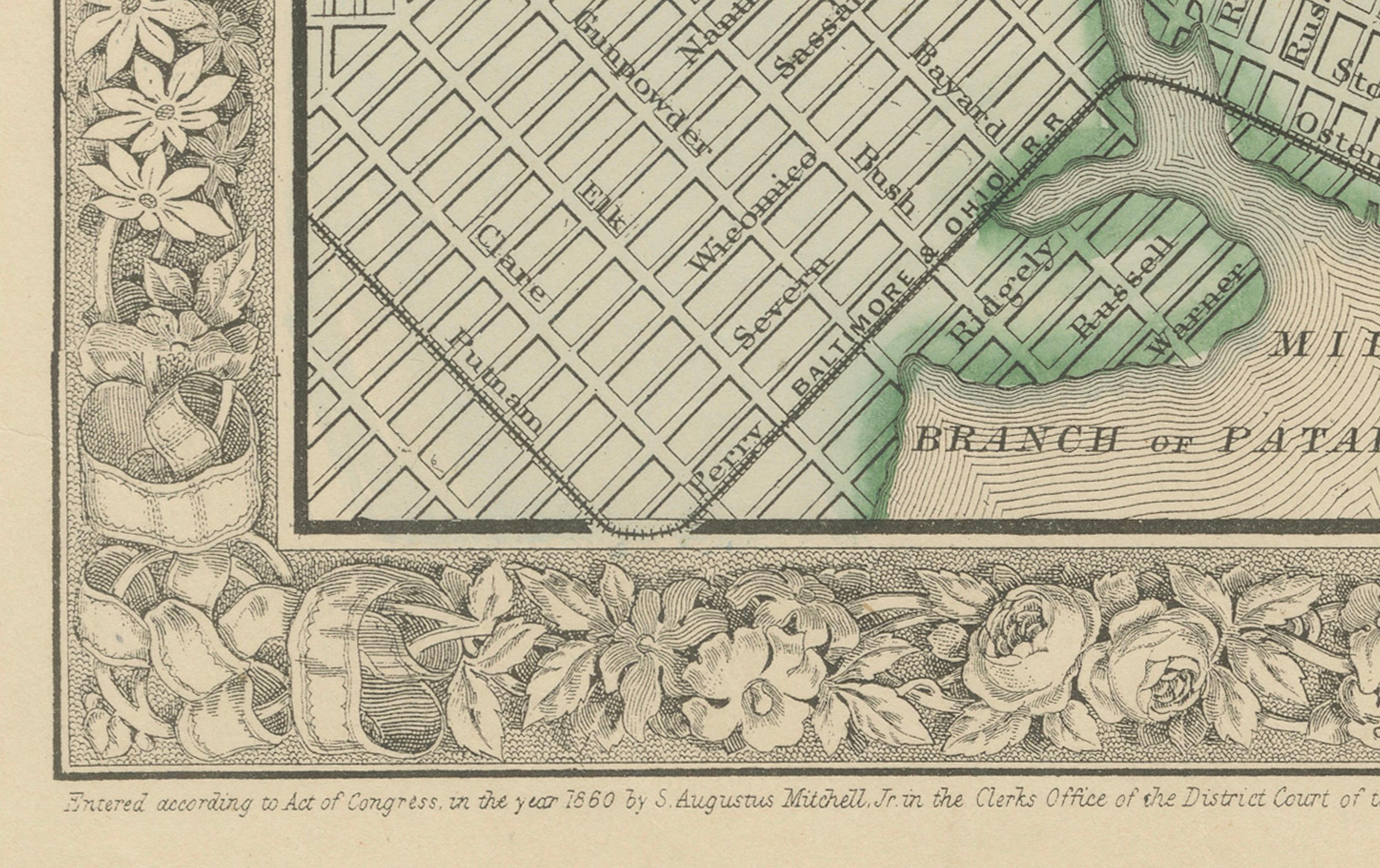 Plano de la ciudad de Baltimore, EE.UU. c.1870 - Plano de calles coloreado a mano en venta 1
