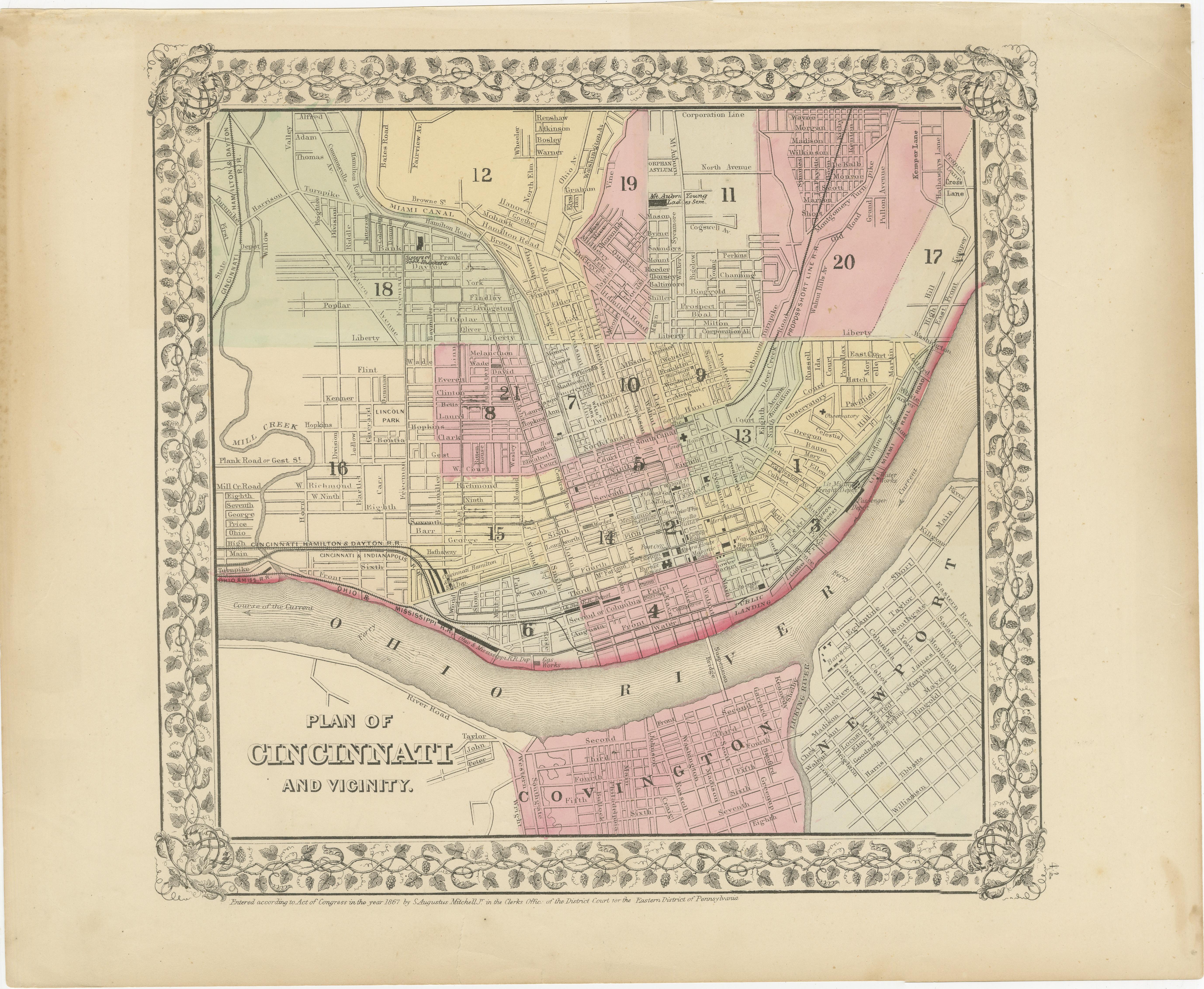 Plan de Cincinnati, A.I.C. c.1870 - Plan des rues avec quartiers, colorié à la main

Il s'agit d'un plan de rue finement gravé et coloré à la main intitulé Plan of Cincinnati and Vicinity, publié aux États-Unis vers 1870. Elle montre le plan