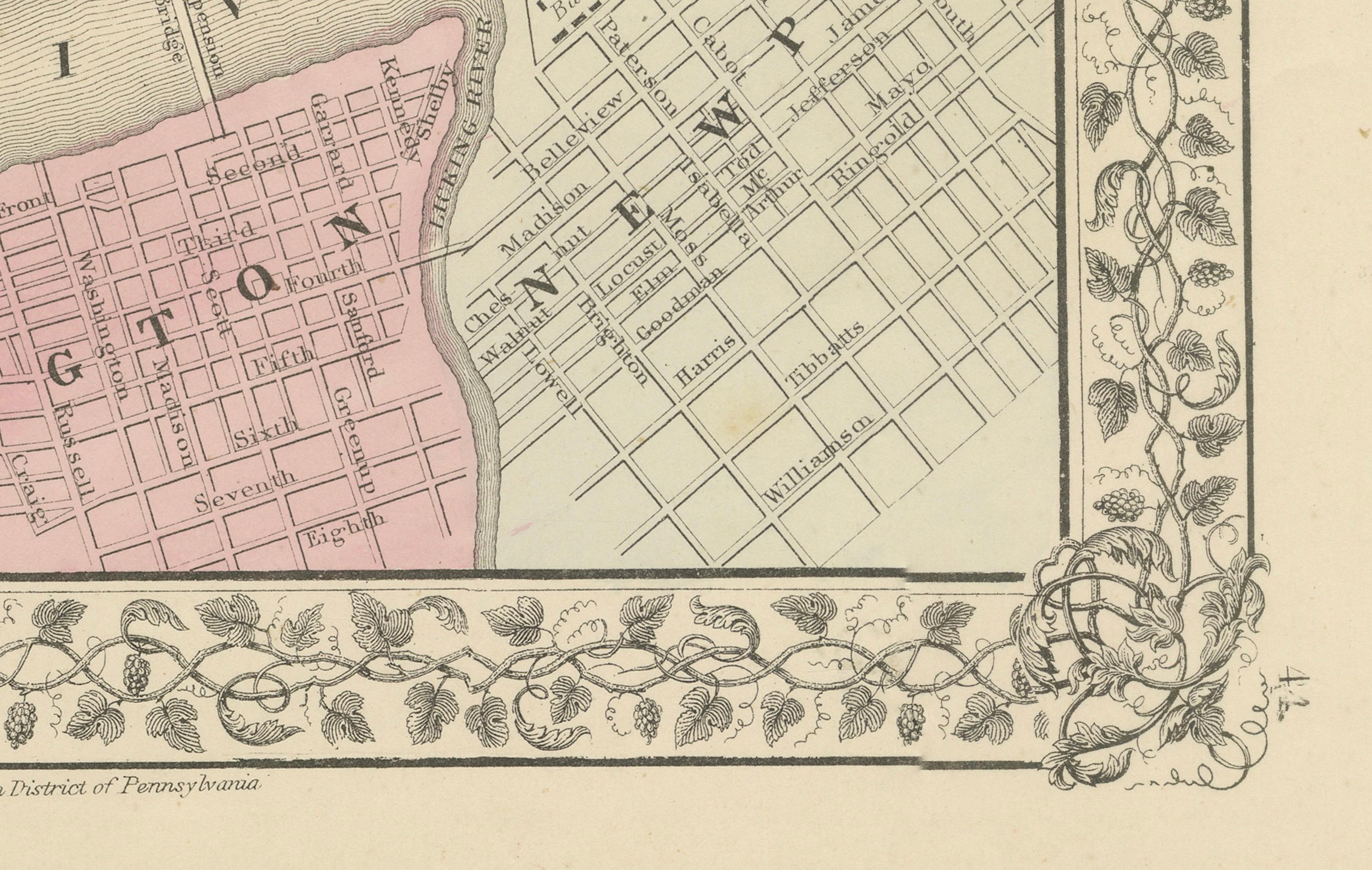 Plan de Cincinnati, A.I.C. c.1870 - Plan des rues avec quartiers, colorié à la main en vente 2