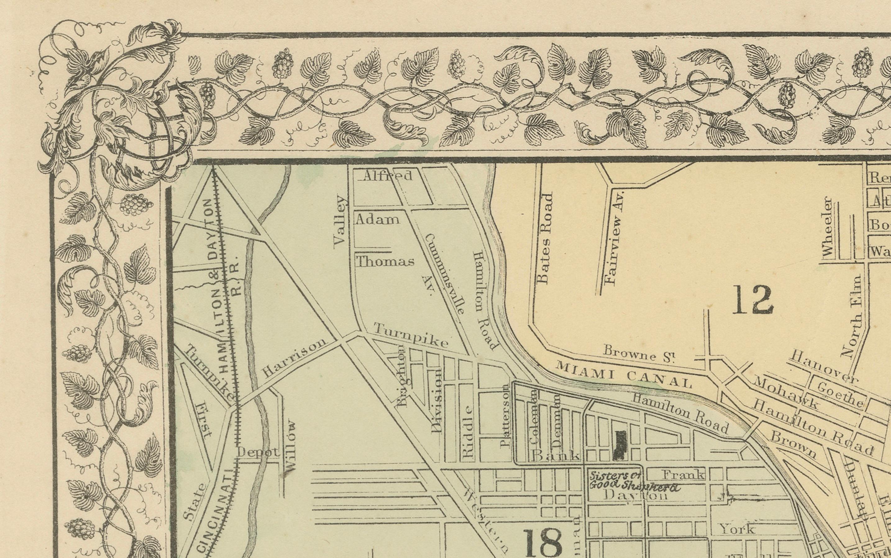 XIXe siècle Plan de Cincinnati, A.I.C. c.1870 - Plan des rues avec quartiers, colorié à la main en vente