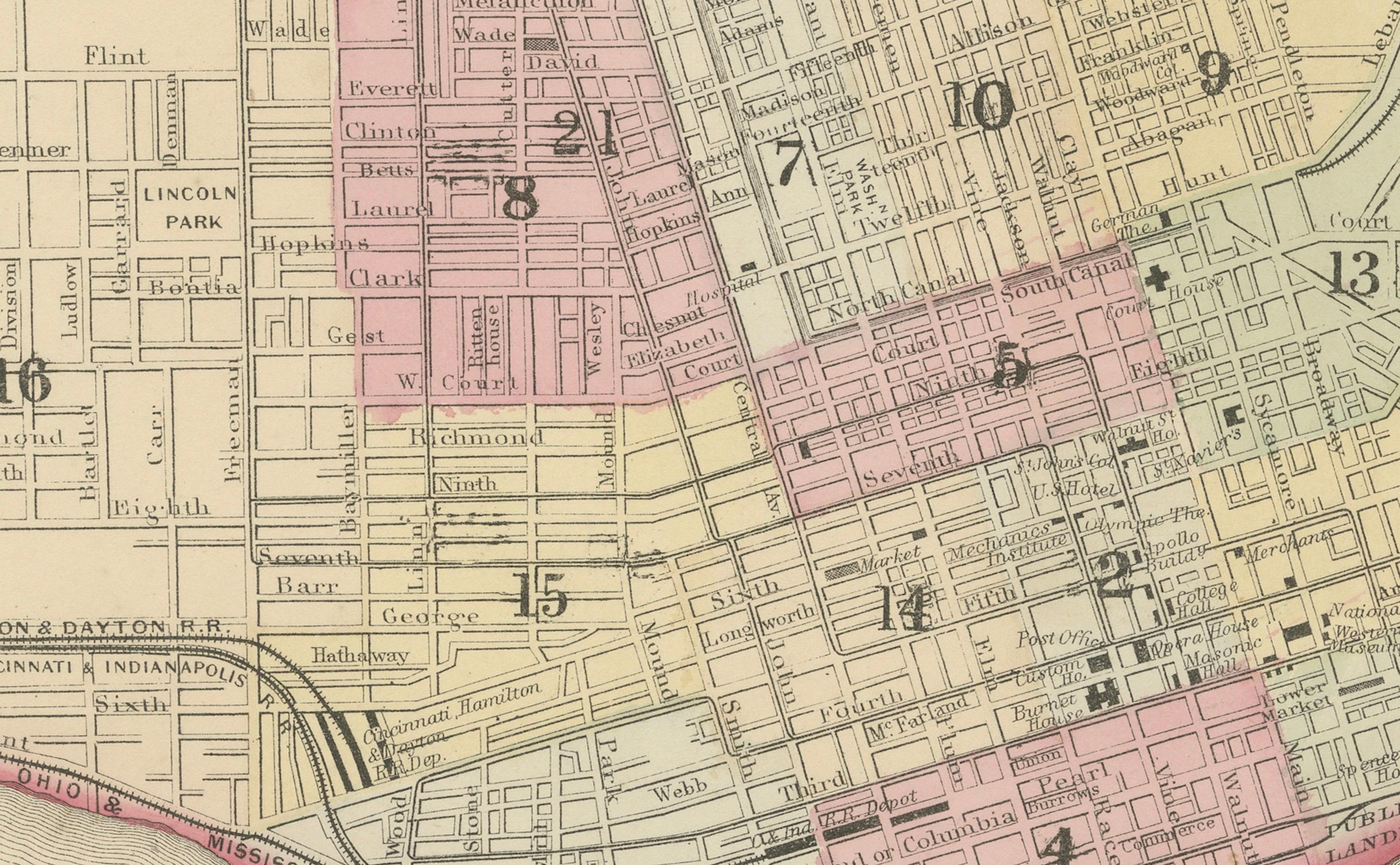 Américain Plan de Cincinnati, A.I.C. c.1870 - Plan des rues avec quartiers, colorié à la main en vente