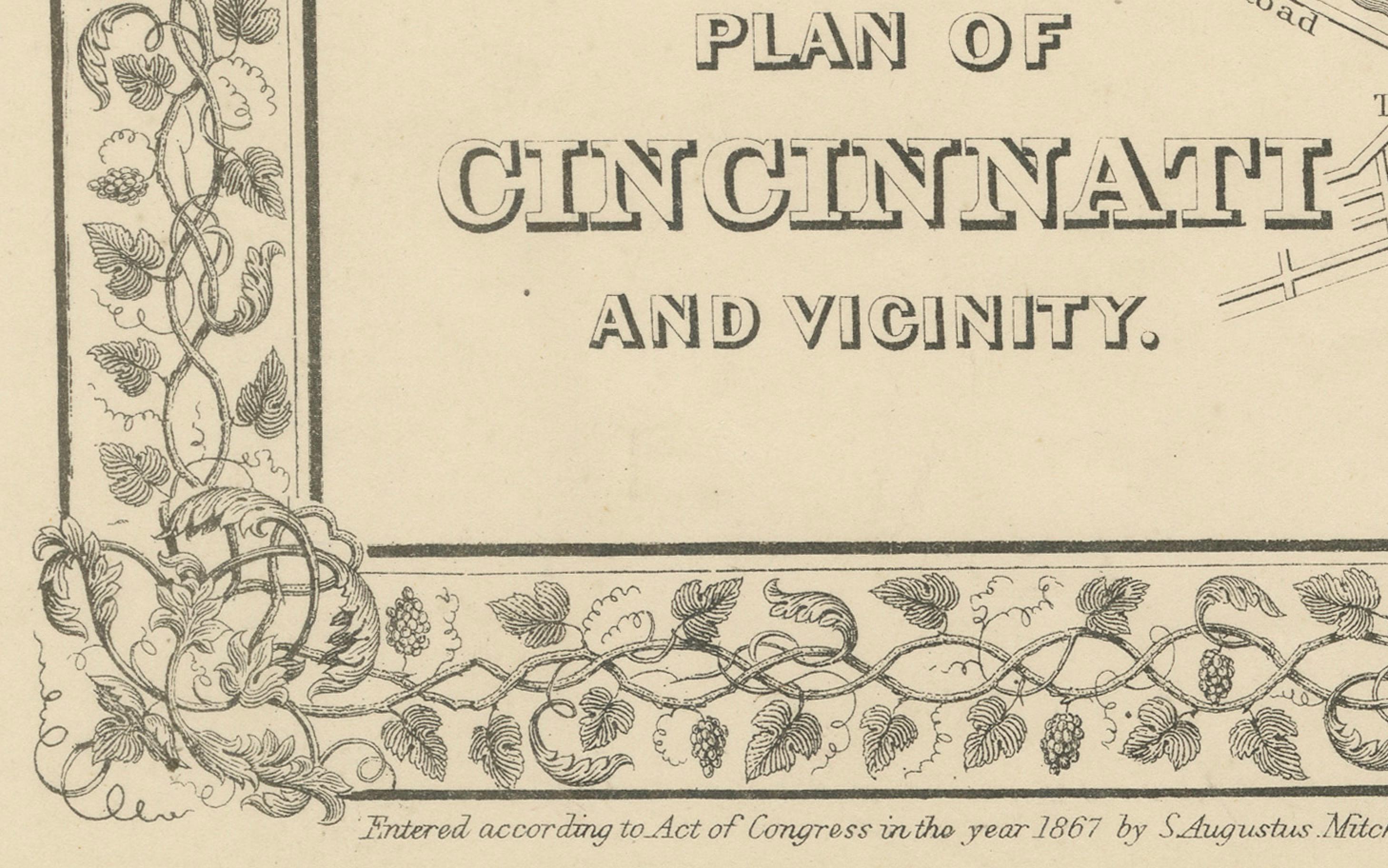 Plan de Cincinnati, A.I.C. c.1870 - Plan des rues avec quartiers, colorié à la main en vente 3