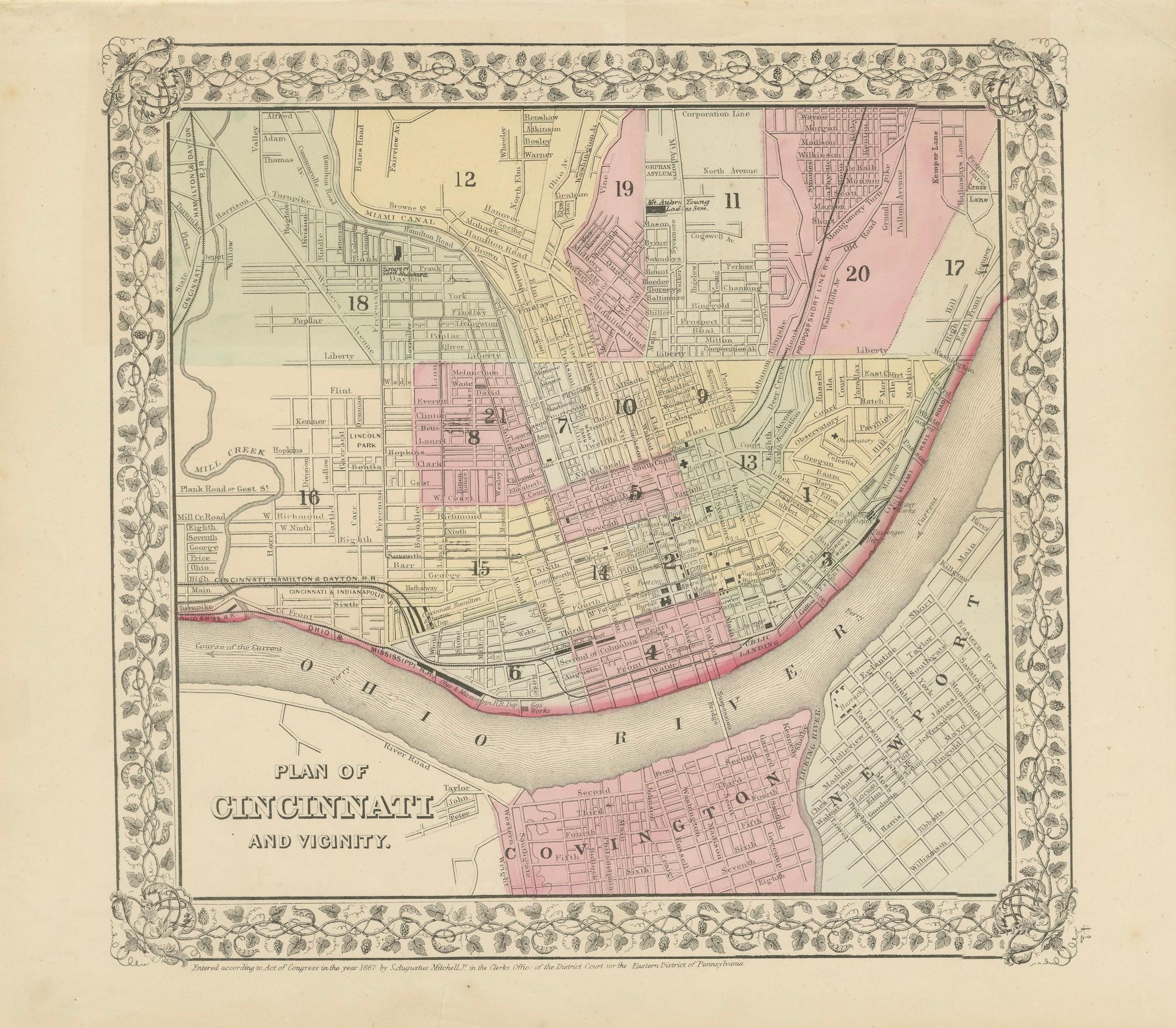 Plan de Cincinnati, A.I.C. c.1870 - Plan des rues avec quartiers, colorié à la main en vente 4