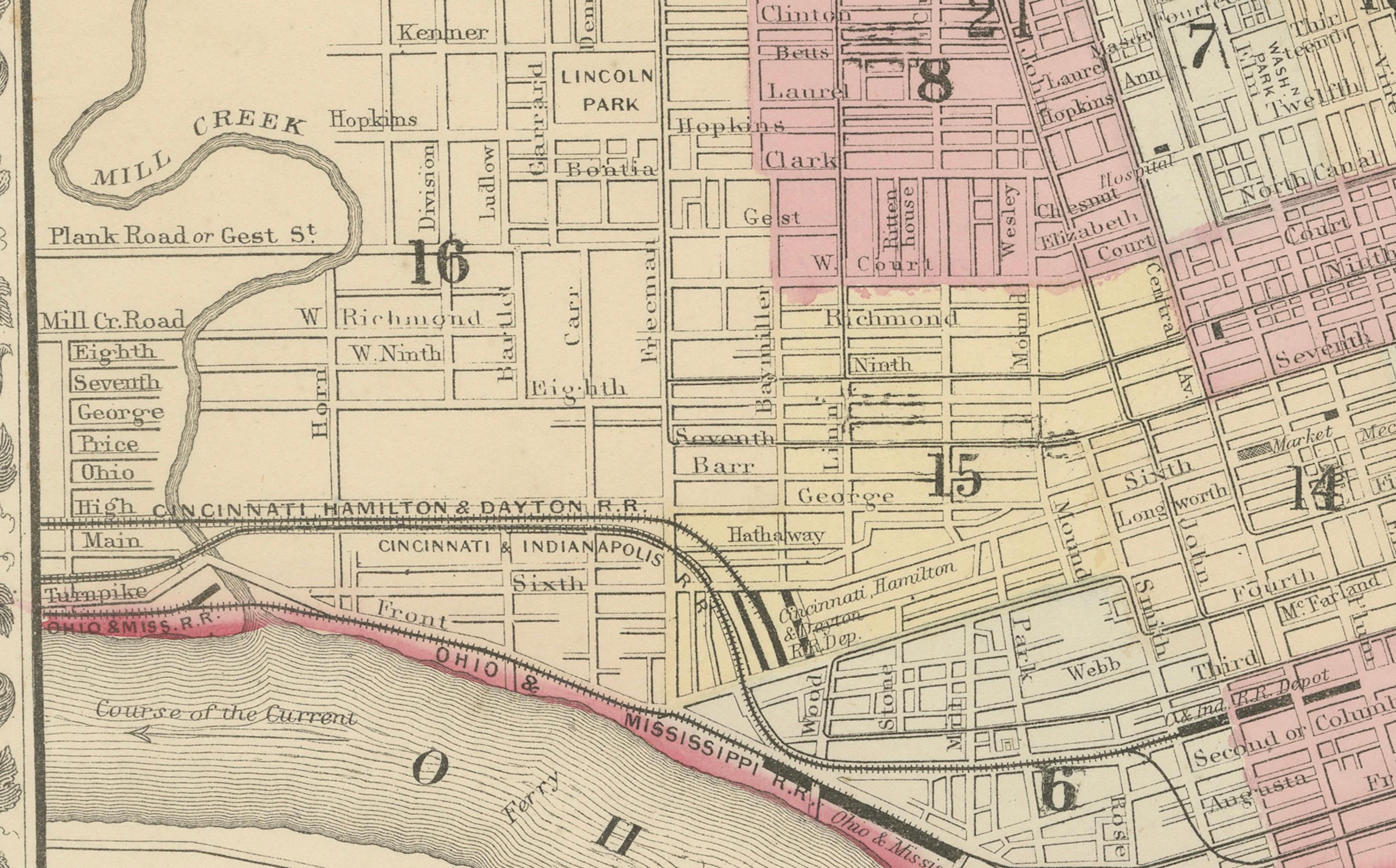 Papier Plan de Cincinnati, A.I.C. c.1870 - Plan des rues avec quartiers, colorié à la main en vente