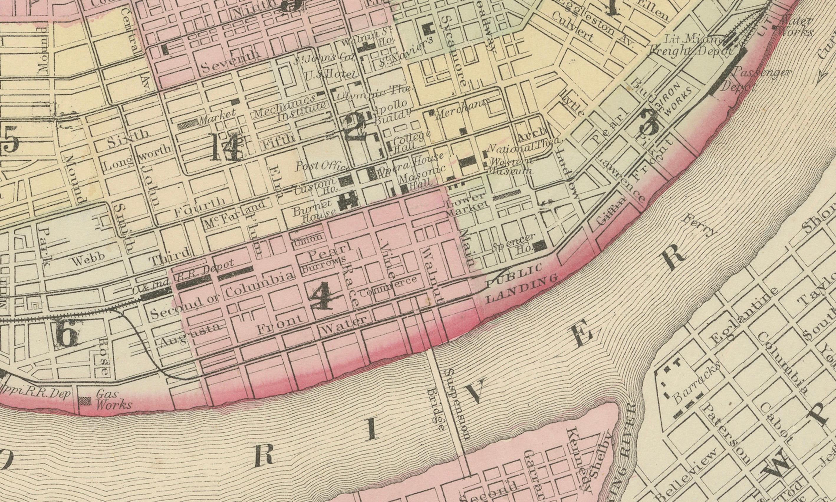 Plan de Cincinnati, A.I.C. c.1870 - Plan des rues avec quartiers, colorié à la main en vente 1