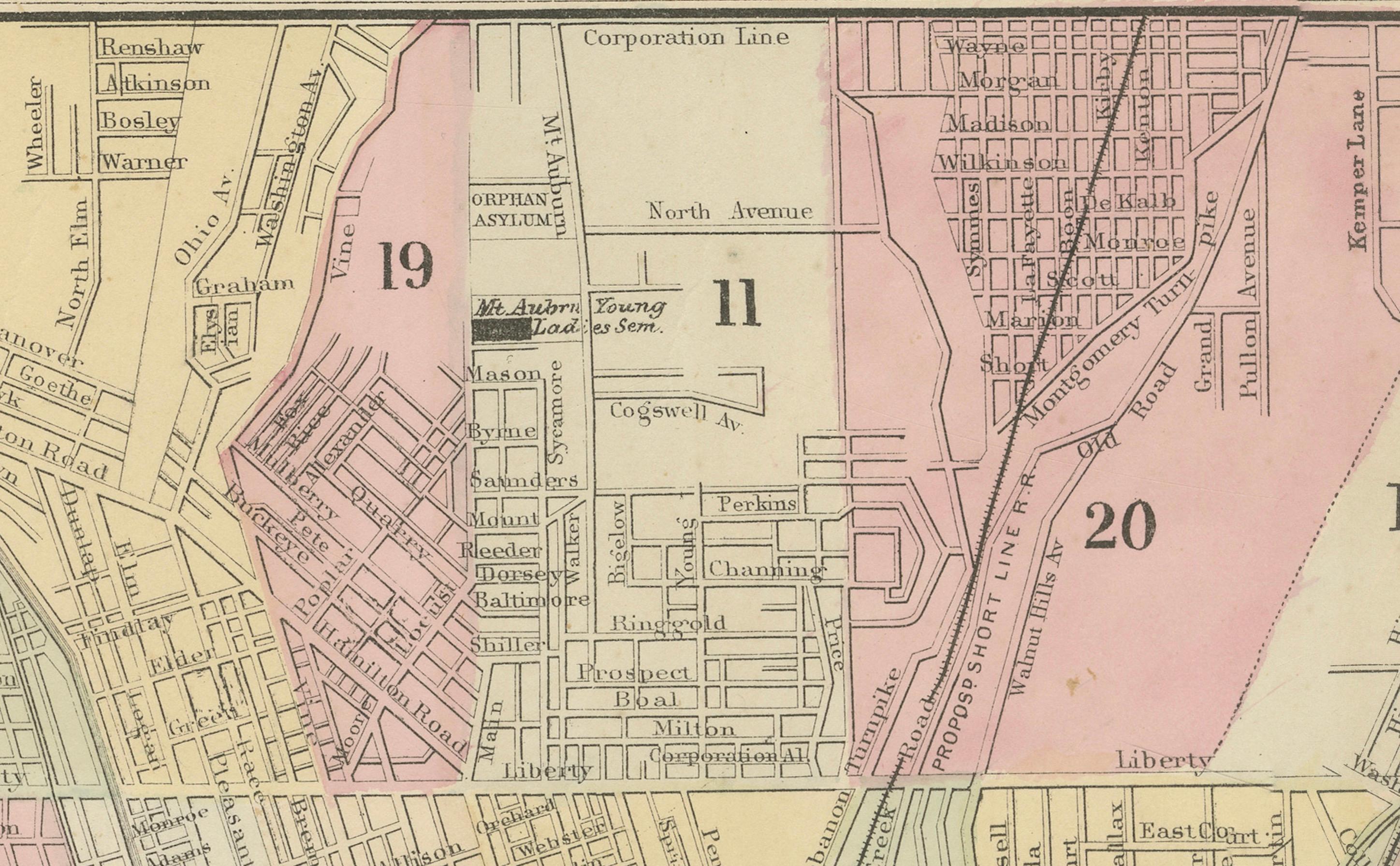 Plan de Cincinnati, A.I.C. c.1870 - Plan des rues avec quartiers, colorié à la main Bon état - En vente à Langweer, NL