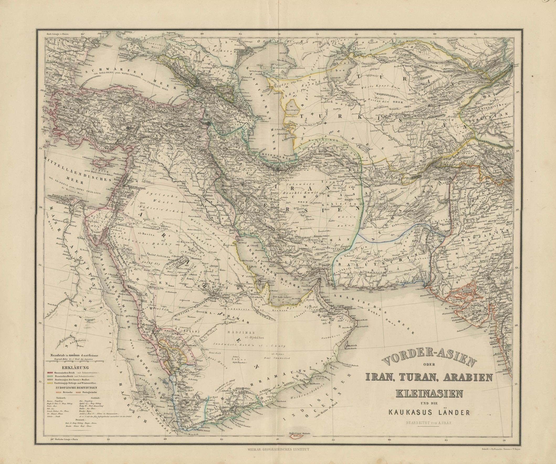 Carte de l'Iran, de l'Arabie, de l'Asie mineure et du Caucase par Perthes, 1858

Il s'agit d'une carte gravée détaillée intitulée Vorder-Asien oder Iran, Turan, Arabien, Kleinasien und die Kaukasus Länder, publiée par le Weimar Geographisches
