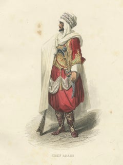 Gravure sur le costume du chef arabe Algérie 1853 par Compte Calix - Lithographie coloriée à la main