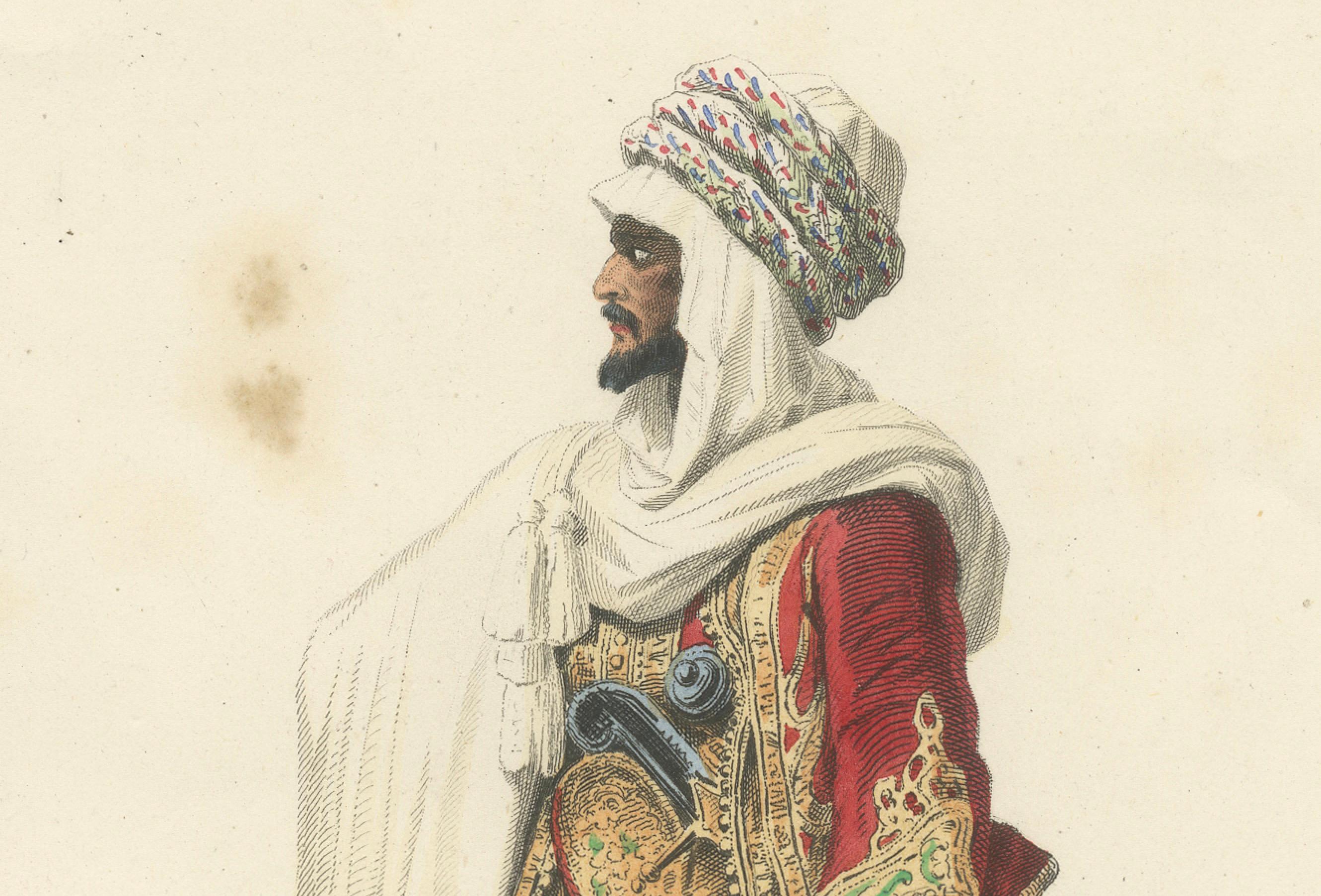 Arabischer Häuptling Kostüm Druck Algerien 1853 von Compte Calix - Handkolorierte Lithographie (Papier) im Angebot