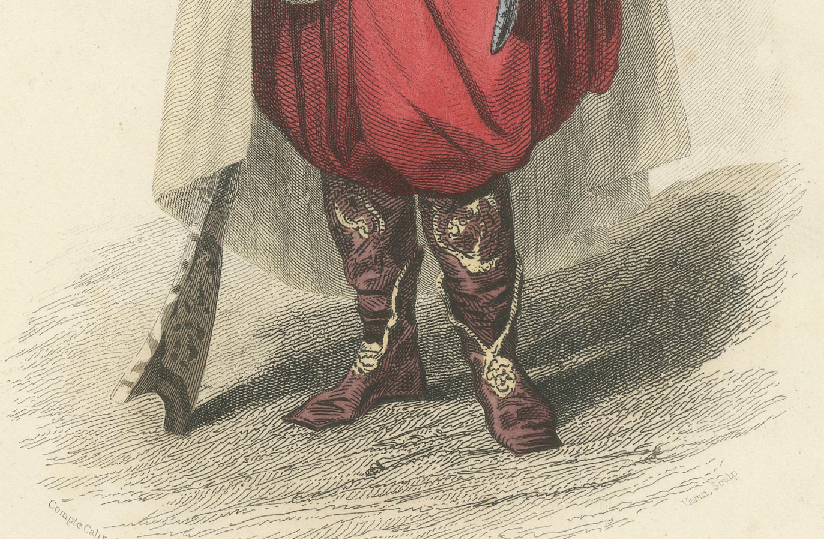 Arabischer Häuptling Kostüm Druck Algerien 1853 von Compte Calix - Handkolorierte Lithographie im Zustand „Gut“ im Angebot in Langweer, NL