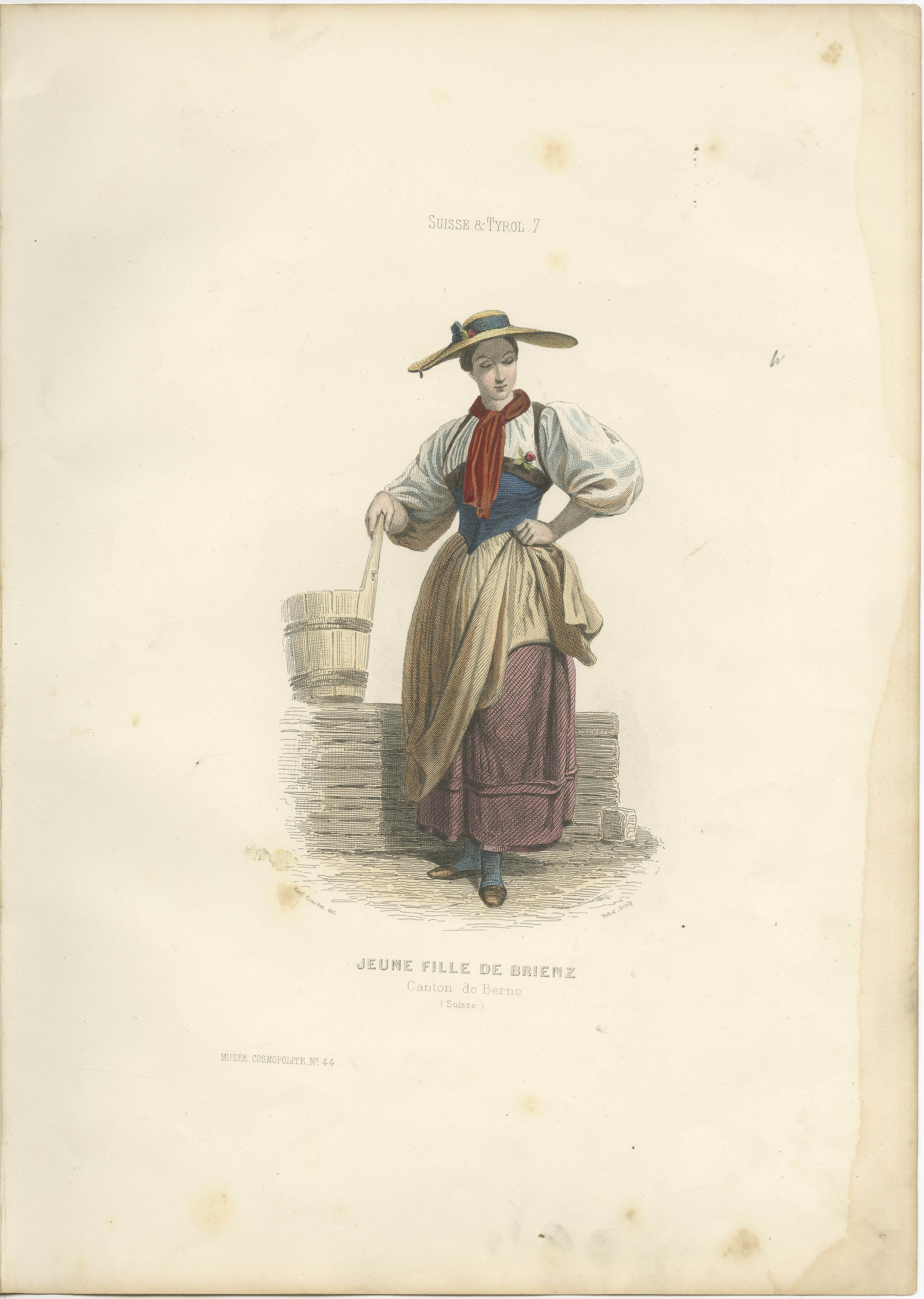 Schweizer Mädchen Druck Brienz Kanton Bern 1853 von Compte-Calix - Handkolorierte Lithographie

Dieser schöne antike Druck zeigt ein junges Mädchen aus Brienz im Kanton Bern, Schweiz (Jeune Fille de Brienz). Es wurde von François Claudius