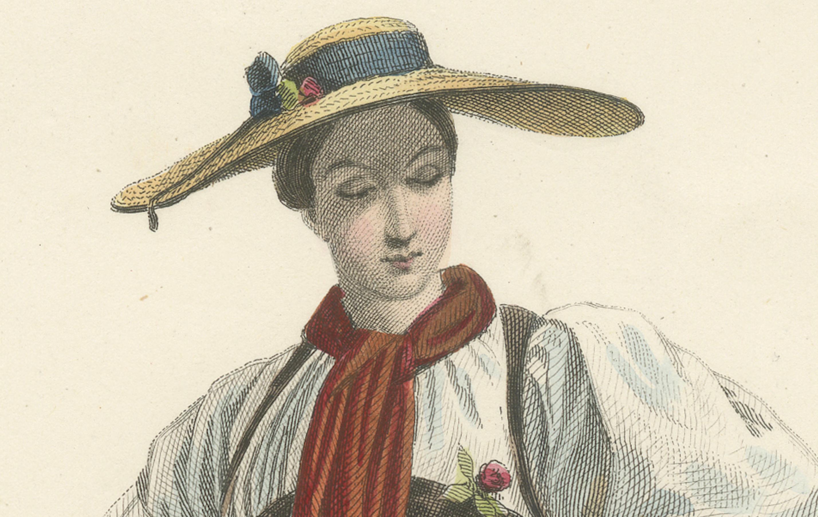 Schweizer Mädchen - Brienz Kanton Bern, Compte Calix Handkolorierter Druck 1853 (19. Jahrhundert) im Angebot