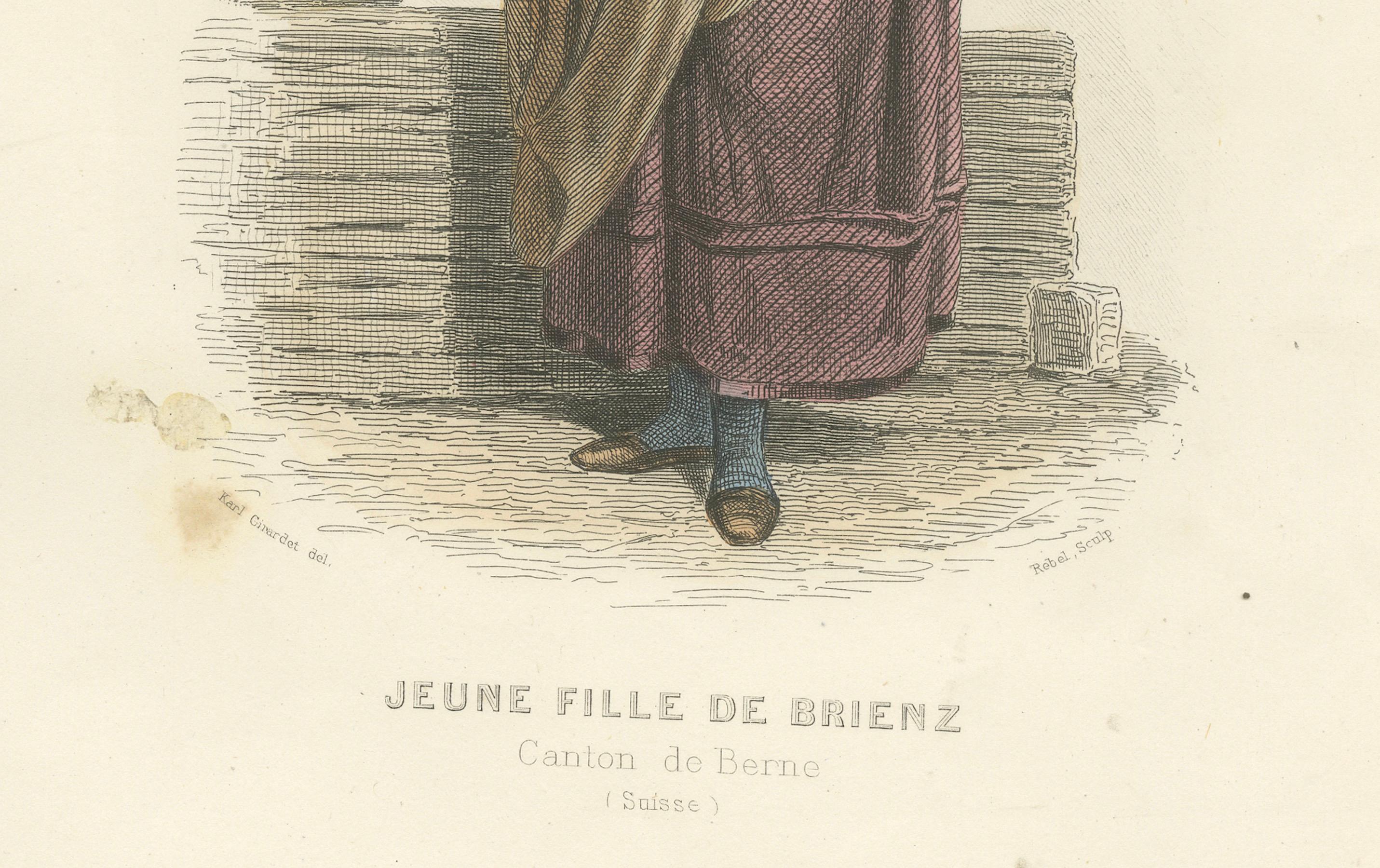 Schweizer Mädchen - Brienz Kanton Bern, Compte Calix Handkolorierter Druck 1853 (Französisch) im Angebot