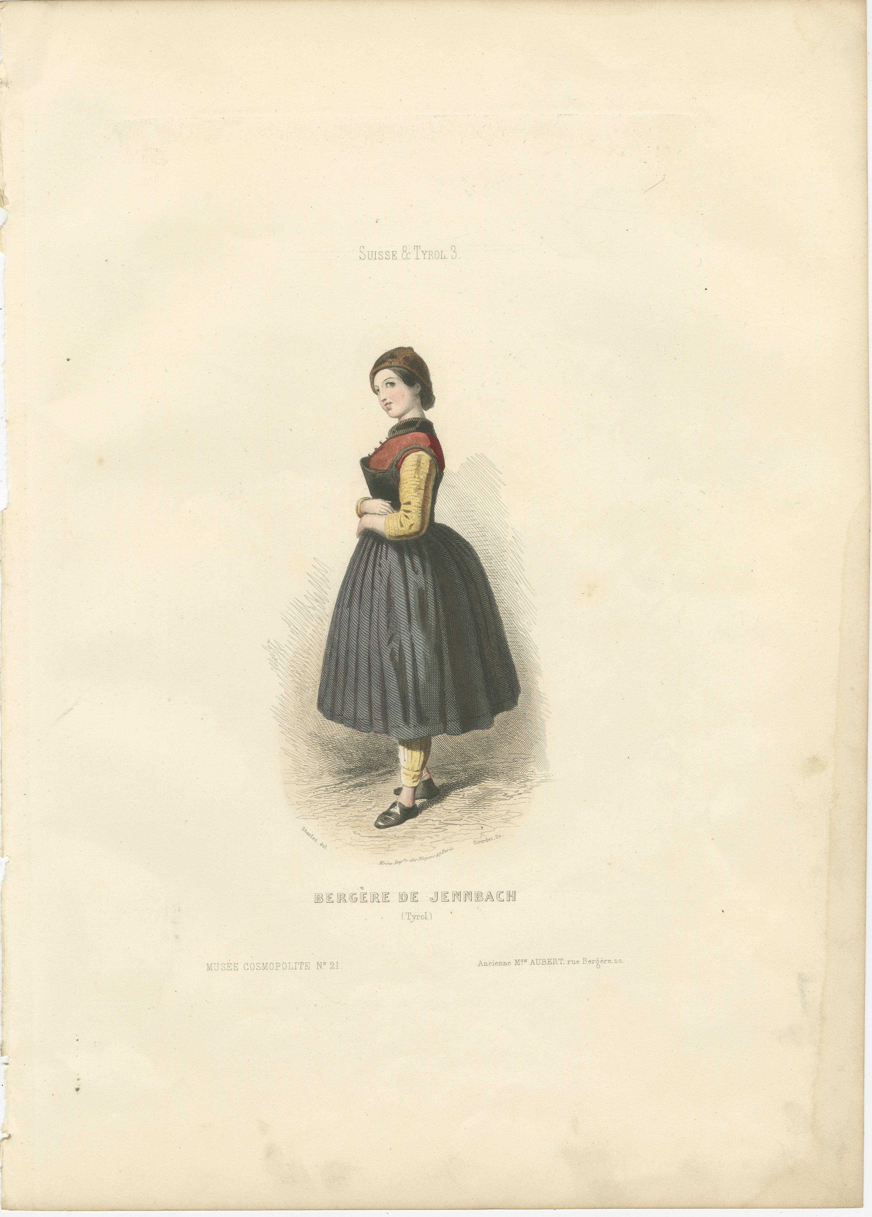 Tyrolean Shepherdess Print Jenbach Austria 1853 by Compte-Calix – Hand-Colored Lithograph

This delicate antique print depicts a shepherdess (Bergère) from Jenbach in Tyrol, Austria. Created by François Claudius Compte-Calix, it was published in