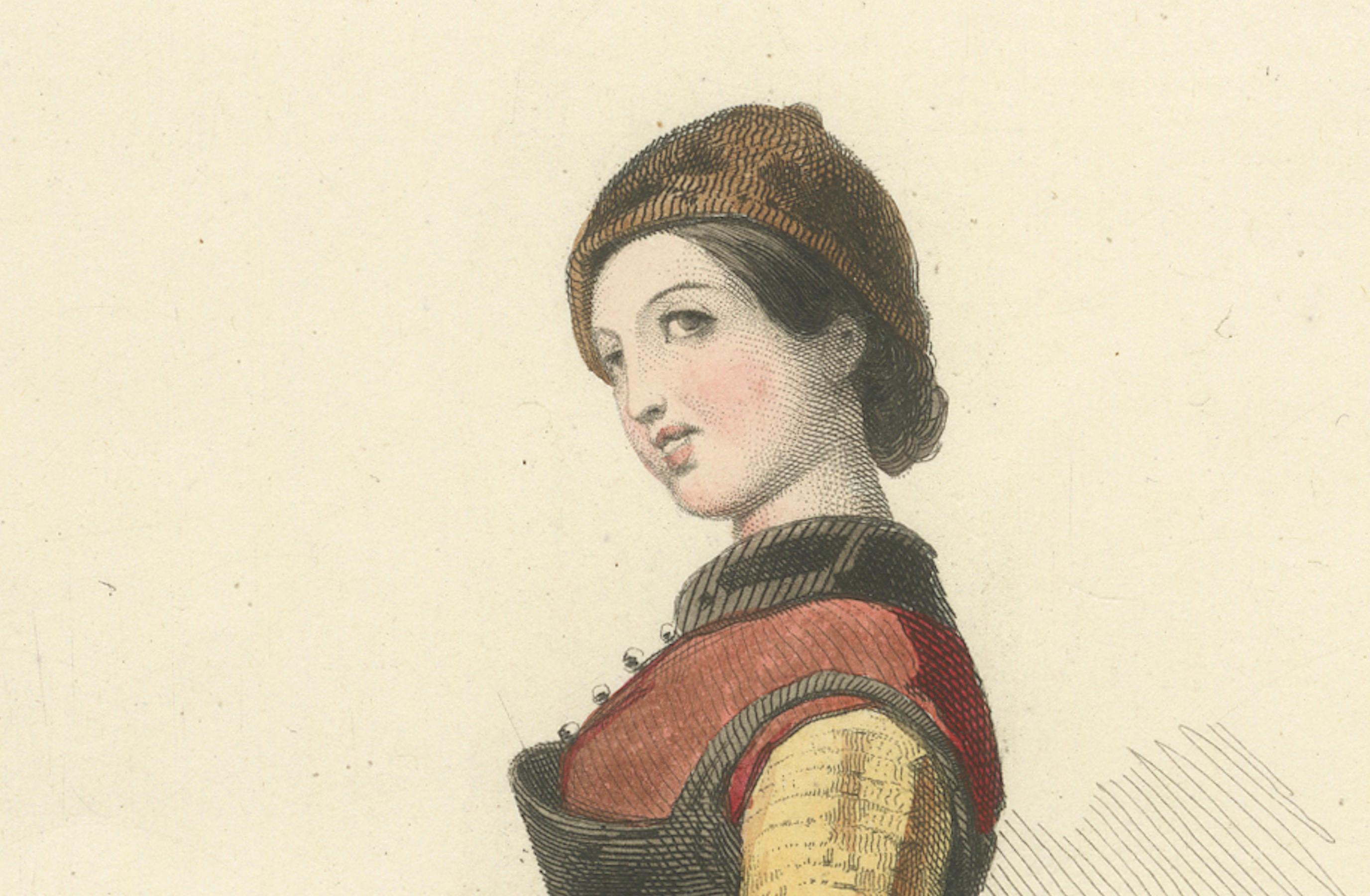 French Tyrolean Shepherdess – Jenbach Austria, Compte-Calix Hand-Colored 1853 For Sale