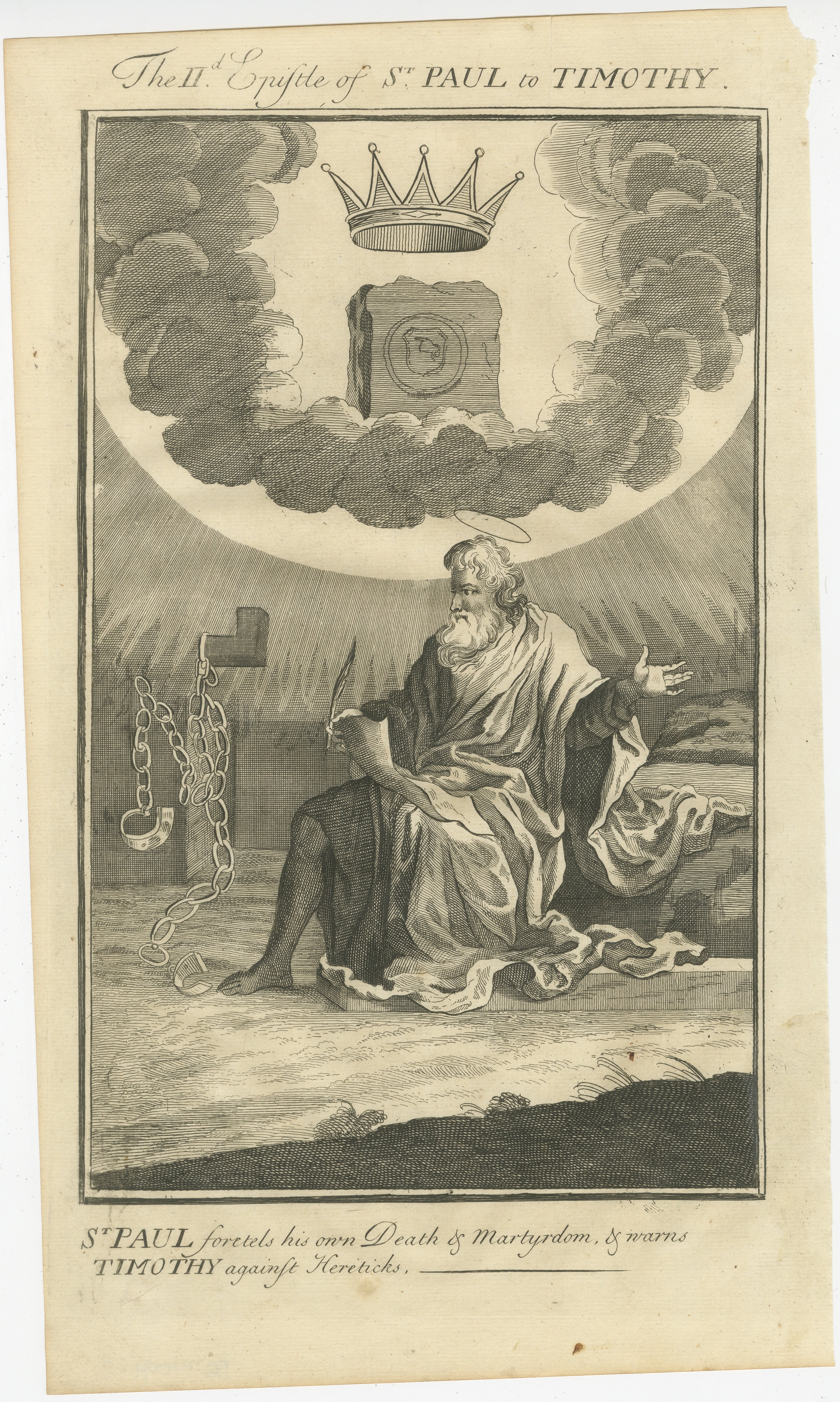Paulus an Timotheus Kupferstich - Paulus prophezeit Tod und Märtyrertod ca. 1735

Beschreibung:
Dieser aussagekräftige antike Stich mit dem Titel 