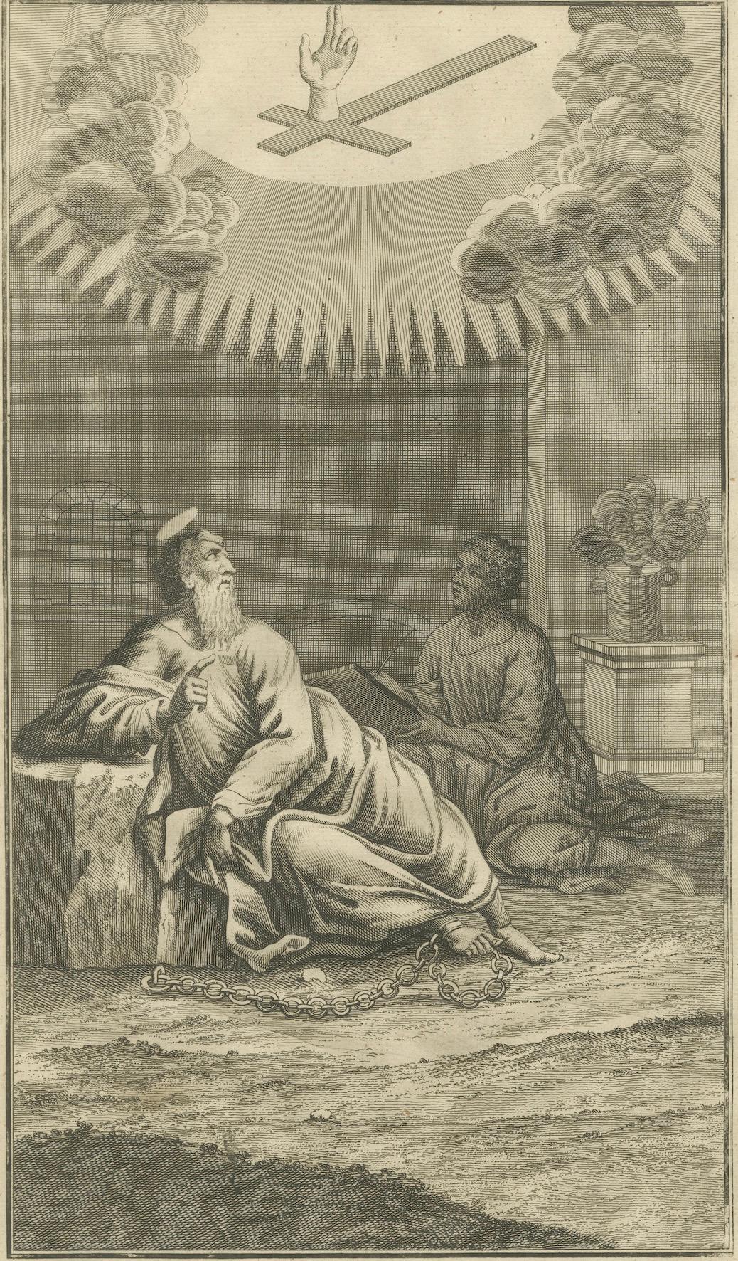 Paulus an die Philipper Kupferstich - Paulus in Anleihen Brief schreiben ca. 1735 im Angebot 1
