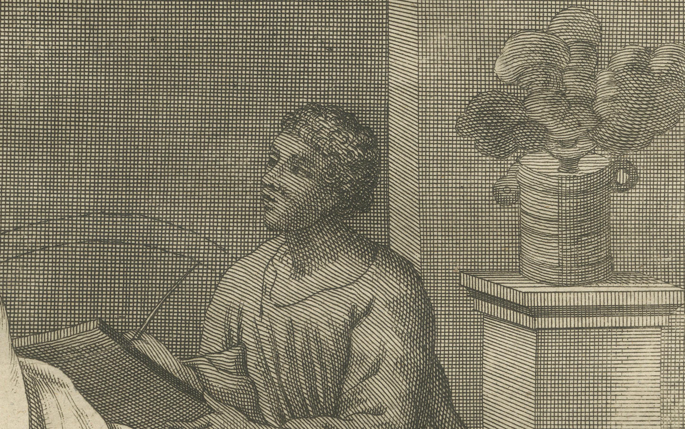 Paulus an die Philipper Kupferstich - Paulus in Anleihen Brief schreiben ca. 1735 im Zustand „Gut“ im Angebot in Langweer, NL