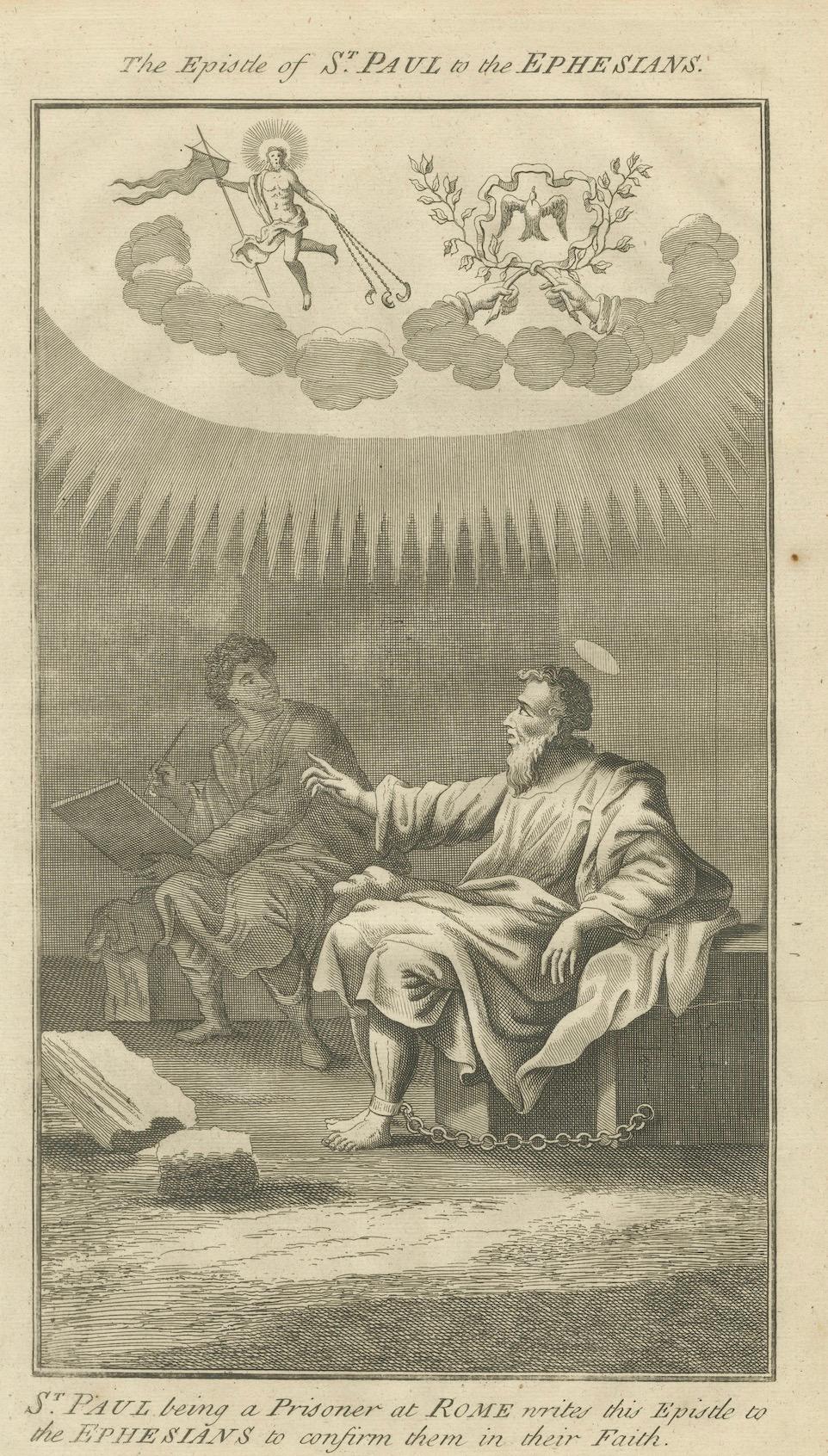 Milieu du XVIIIe siècle Gravure de Paul aux Ephésiens - Paul en prison rédigeant une épître c.C. 1735 en vente