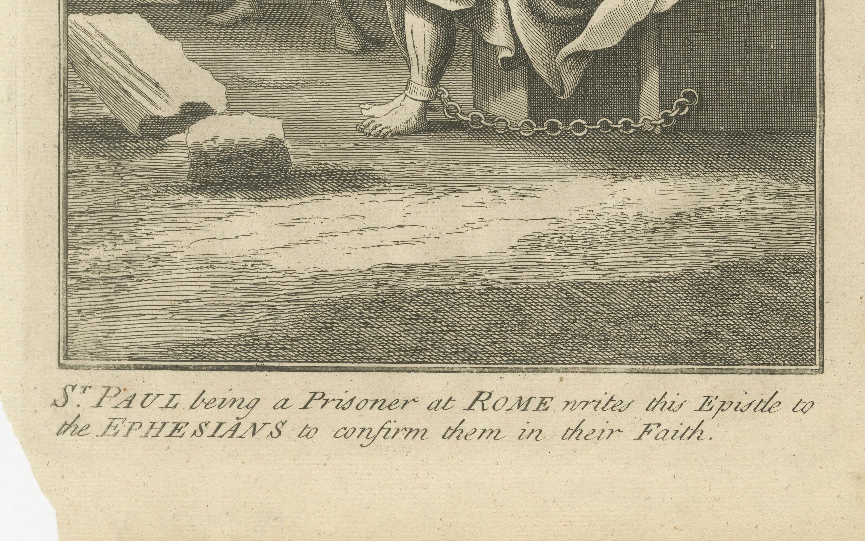 Gravure de Paul aux Ephésiens - Paul en prison rédigeant une épître c.C. 1735

Description :
Cette gravure ancienne finement détaillée intitulée 