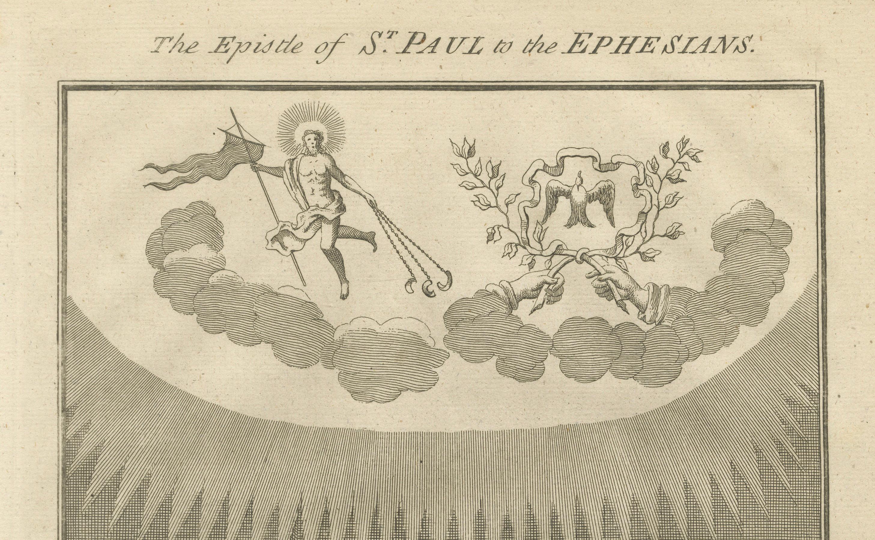 Gravure de Paul aux Ephésiens - Paul en prison rédigeant une épître c.C. 1735 Bon état - En vente à Langweer, NL