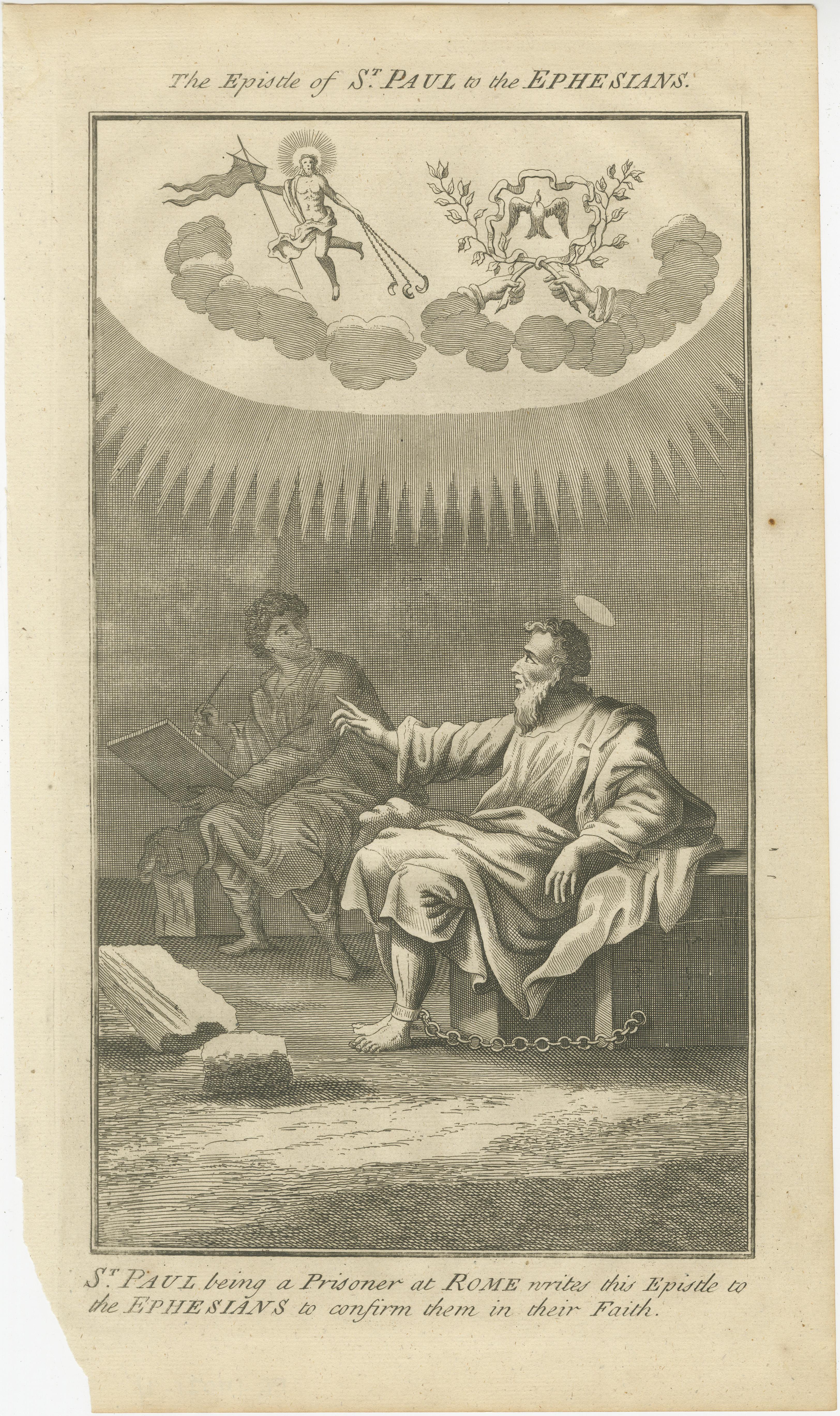 Papier Gravure de Paul aux Ephésiens - Paul en prison rédigeant une épître c.C. 1735 en vente