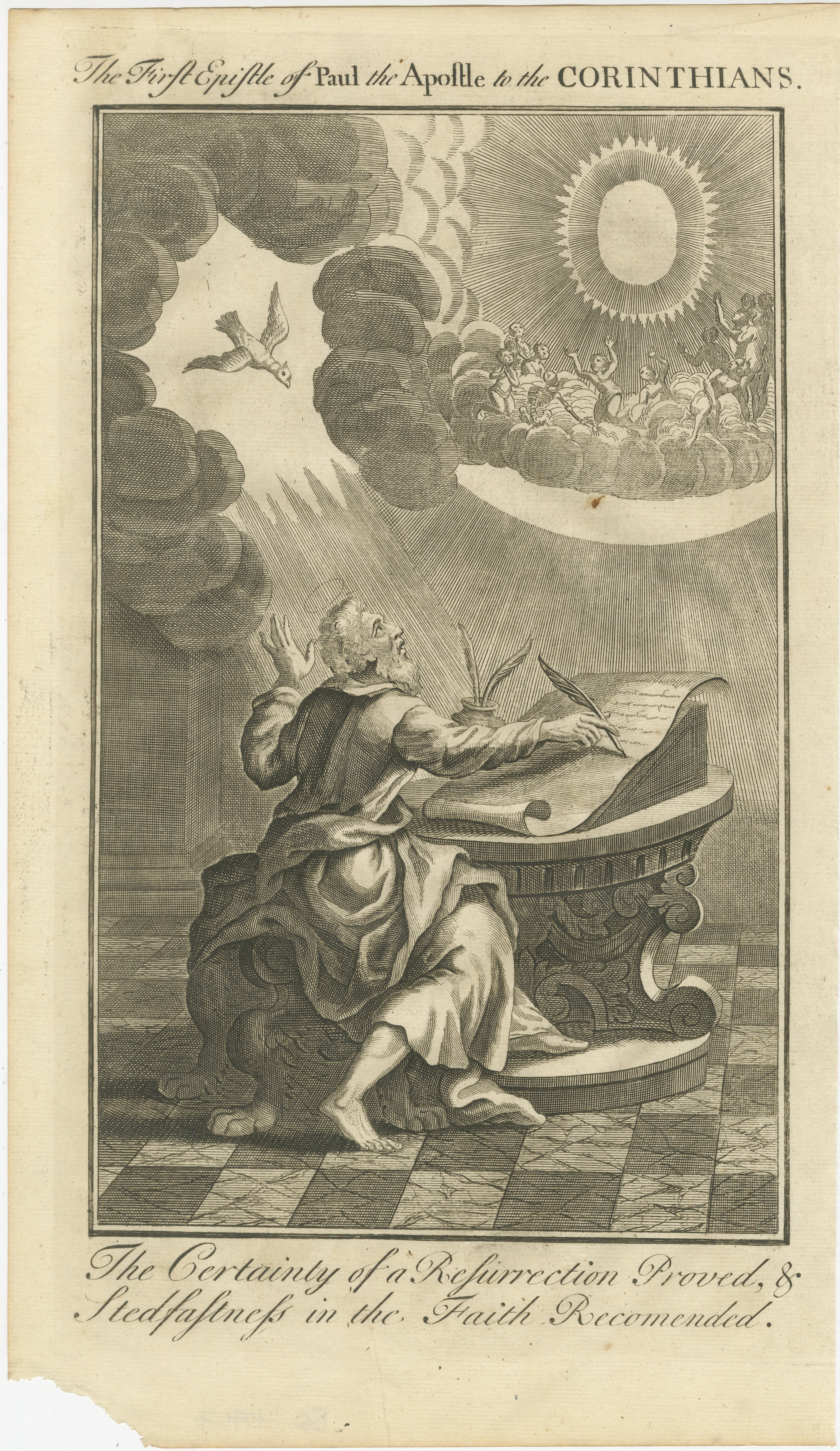 Titre : Gravure de Paul aux Corinthiens - Résurrection et foi prouvées c.1735

Description :
Cette étonnante gravure ancienne intitulée 