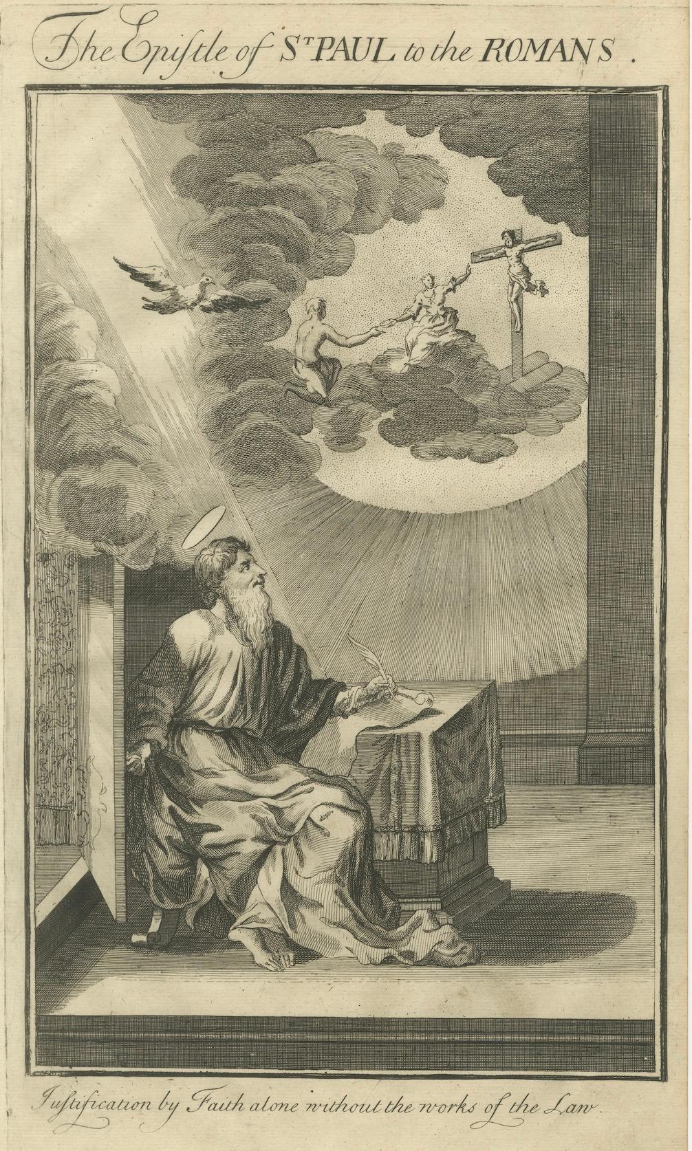 Paul aux Romains - La justification par la foi, Gravure ancienne c.1735 en vente 2