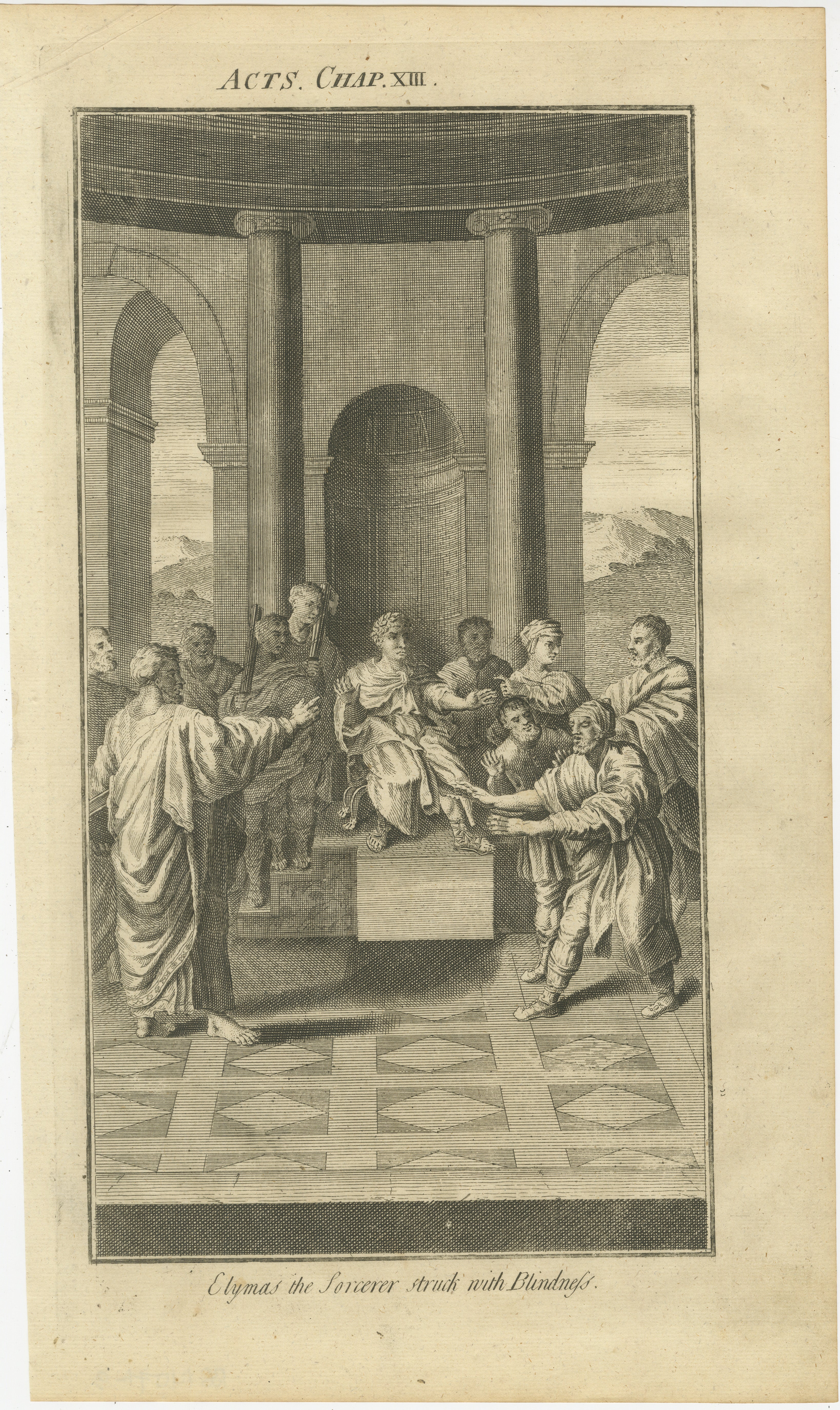 Titel:
Apostelgeschichte XIII Kupferstich - Elymas der Zauberer Blind gestochen ca. 1735

Beschreibung:
Dieser dramatische antike Kupferstich mit dem Titel 