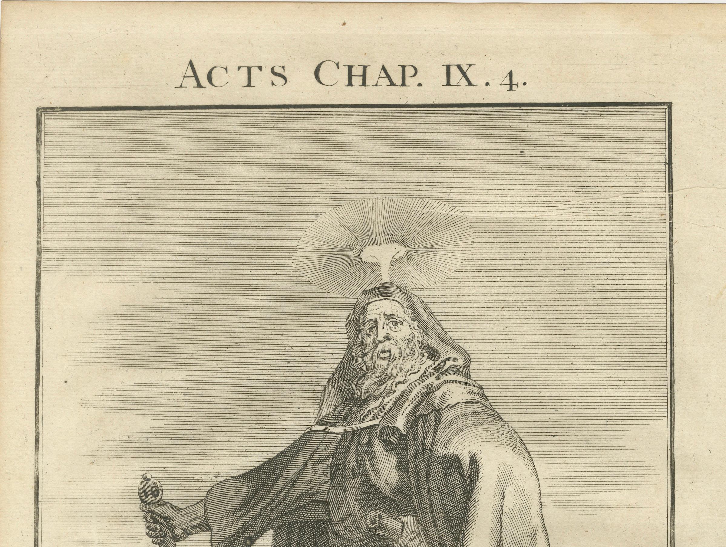 Title: St. Paul the Apostle Engraving – Acts IX Vision & Conversion c.1735

Description:
This impressive antique engraving titled “St. Paul the Apostle” illustrates the powerful moment from Acts Chapter IX, Verse 4, when Saul (later Paul) is struck