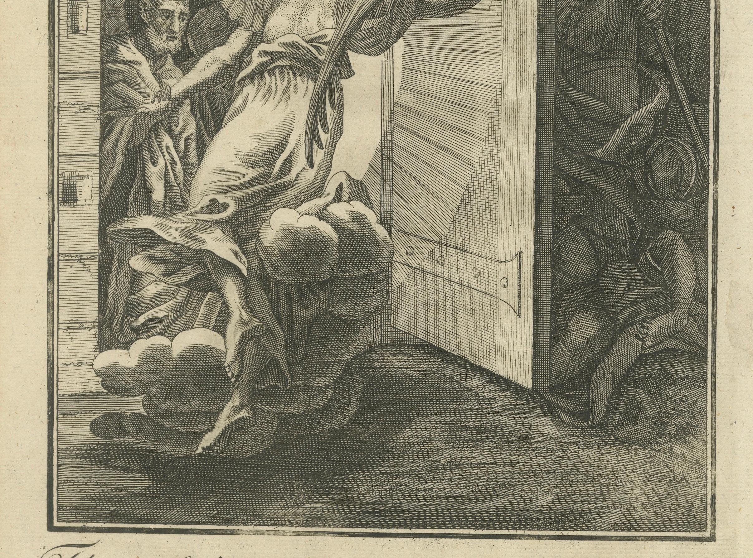Anglais Apôtres libérés par un ange - Actes V Gravure ancienne c.1735 en vente