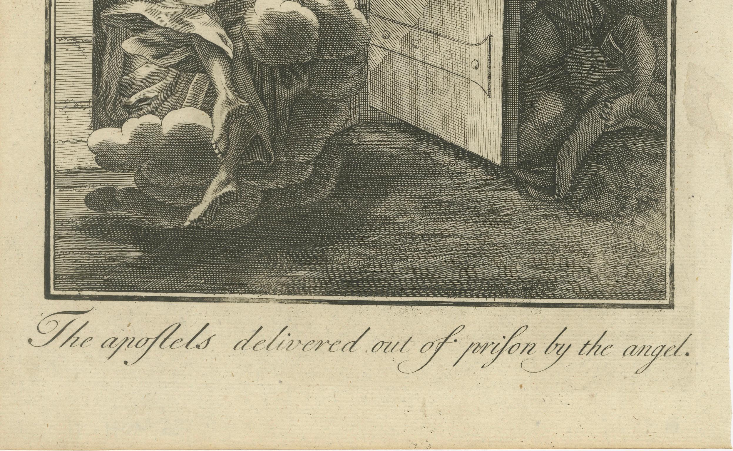 Titre : Gravure des Actes V - Apôtres libérés de prison par un ange c.1735.

Description :
Cette gravure ancienne spectaculaire intitulée 