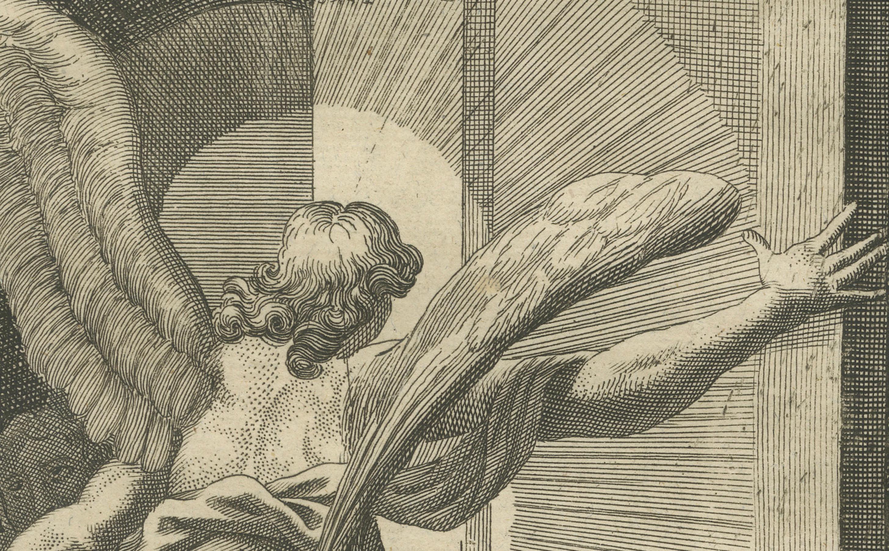 Apôtres libérés par un ange - Actes V Gravure ancienne c.1735 Bon état - En vente à Langweer, NL