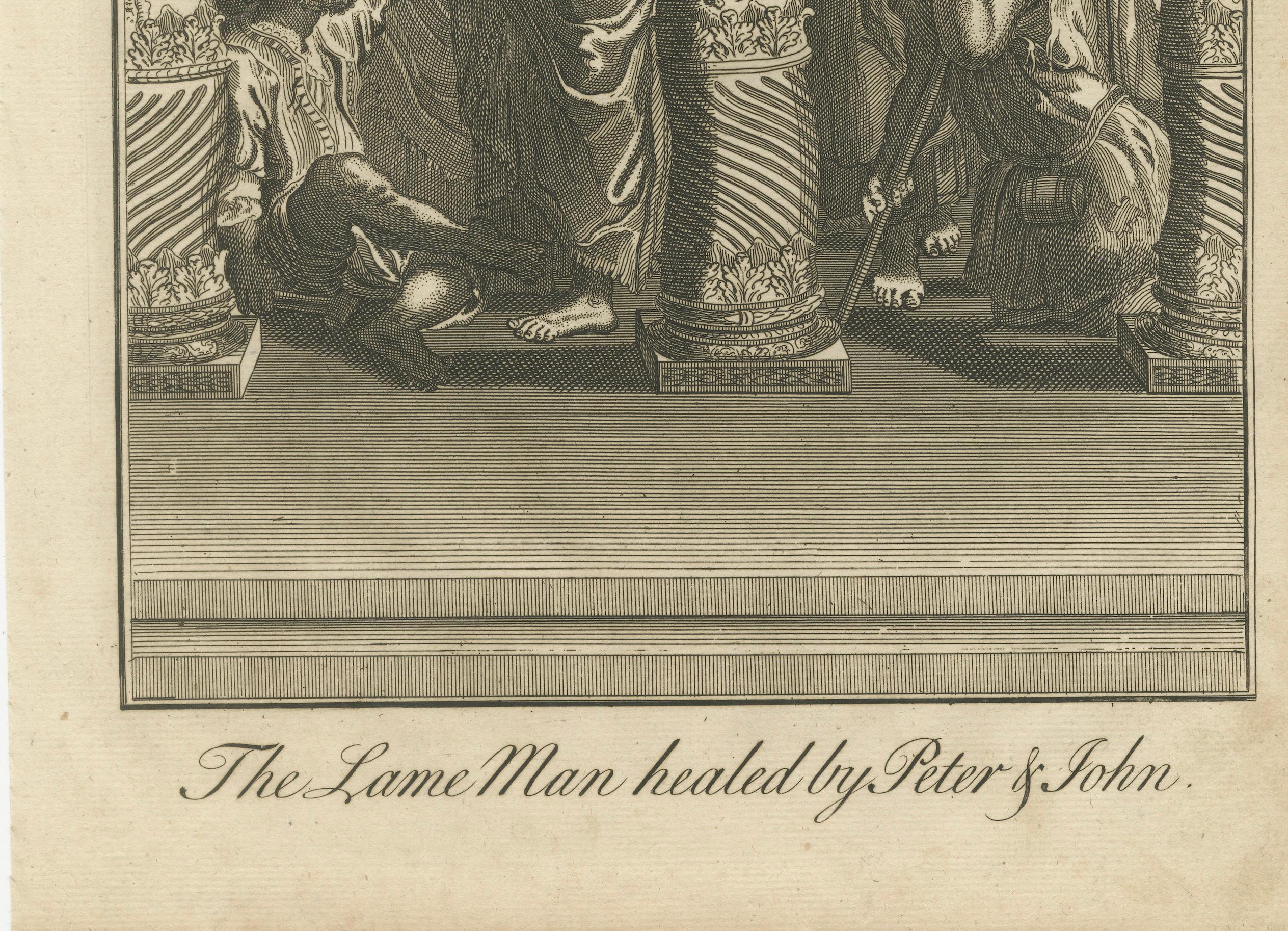 Titre : Gravure des Actes III - Peter & John Heal's Lame Man at Temple c.1735

Description :
Cette puissante gravure ancienne intitulée 