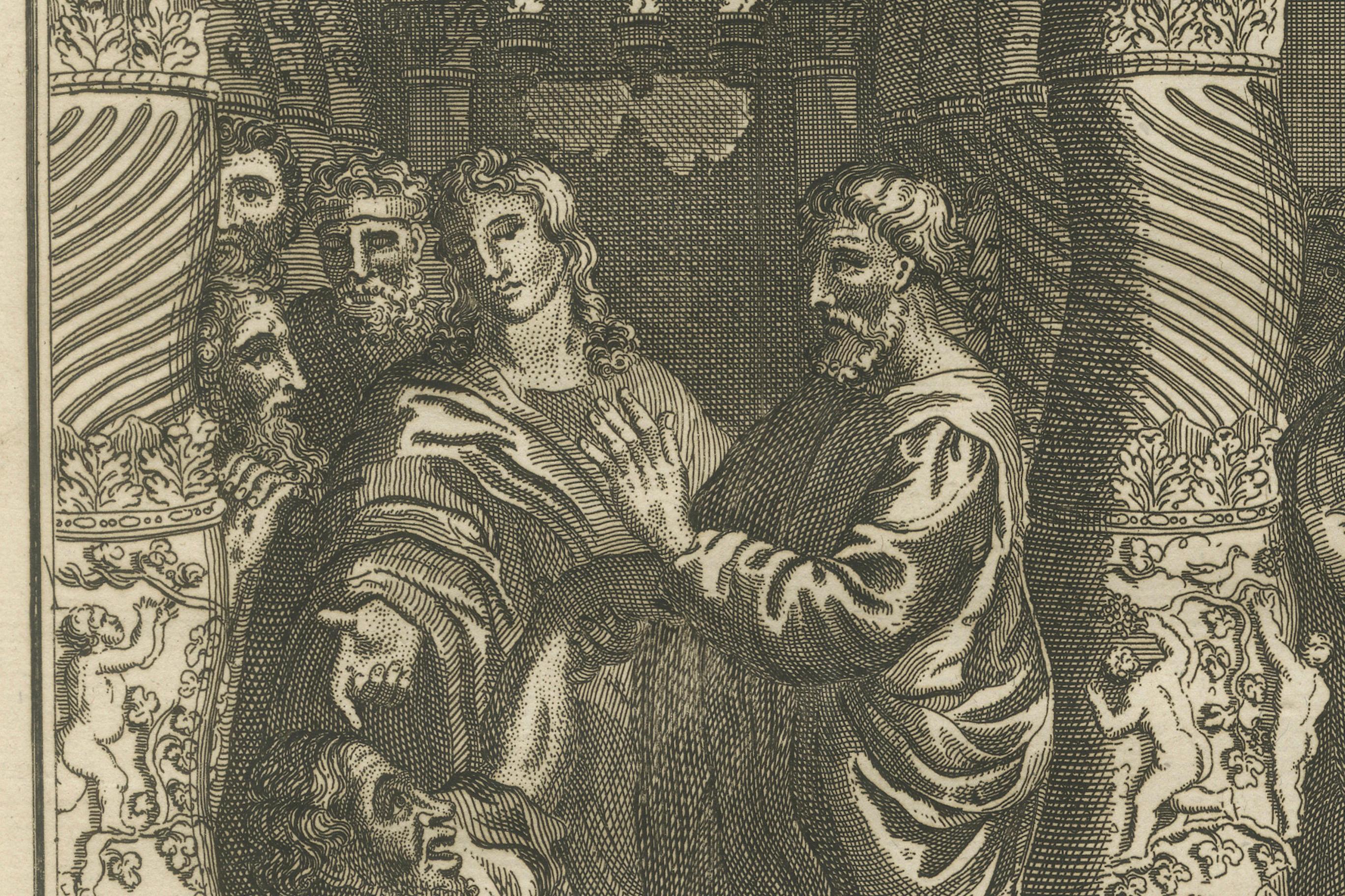 Papier Pierre et John guérissent le boiteux - A.I C. Gravure c.1735 en vente