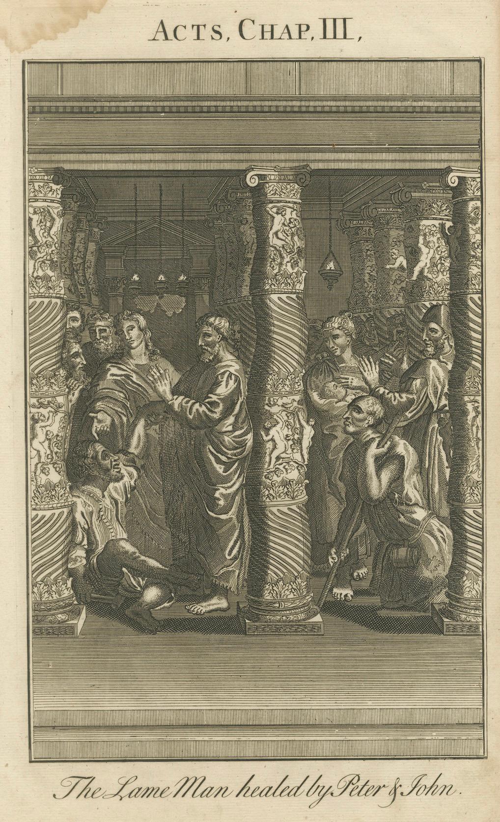 Pierre et John guérissent le boiteux - A.I C. Gravure c.1735 en vente 3