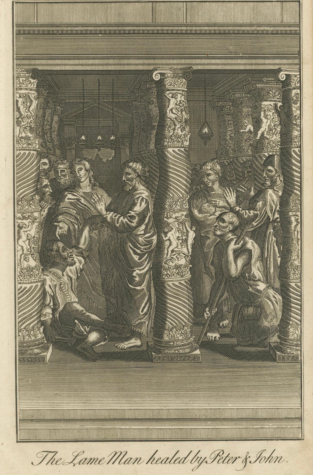 Pierre et John guérissent le boiteux - A.I C. Gravure c.1735 en vente 2