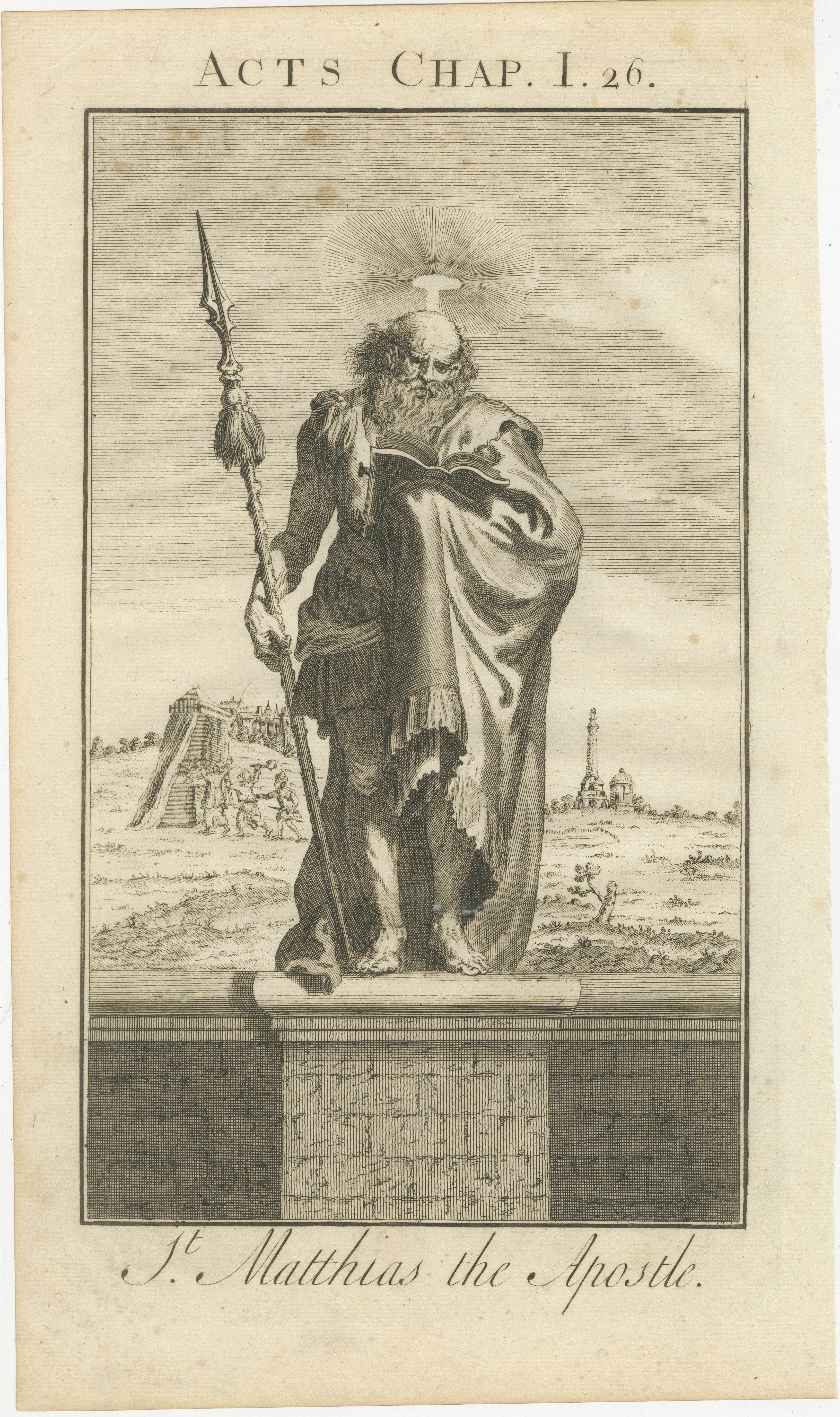 St. Matthias Apostle Engraving – Acts I Matthias Chosen c.1735

Description:
This detailed antique engraving titled “St. Matthias the Apostle” illustrates Matthias, chosen to replace Judas Iscariot as one of the Twelve Apostles, as recorded in Acts