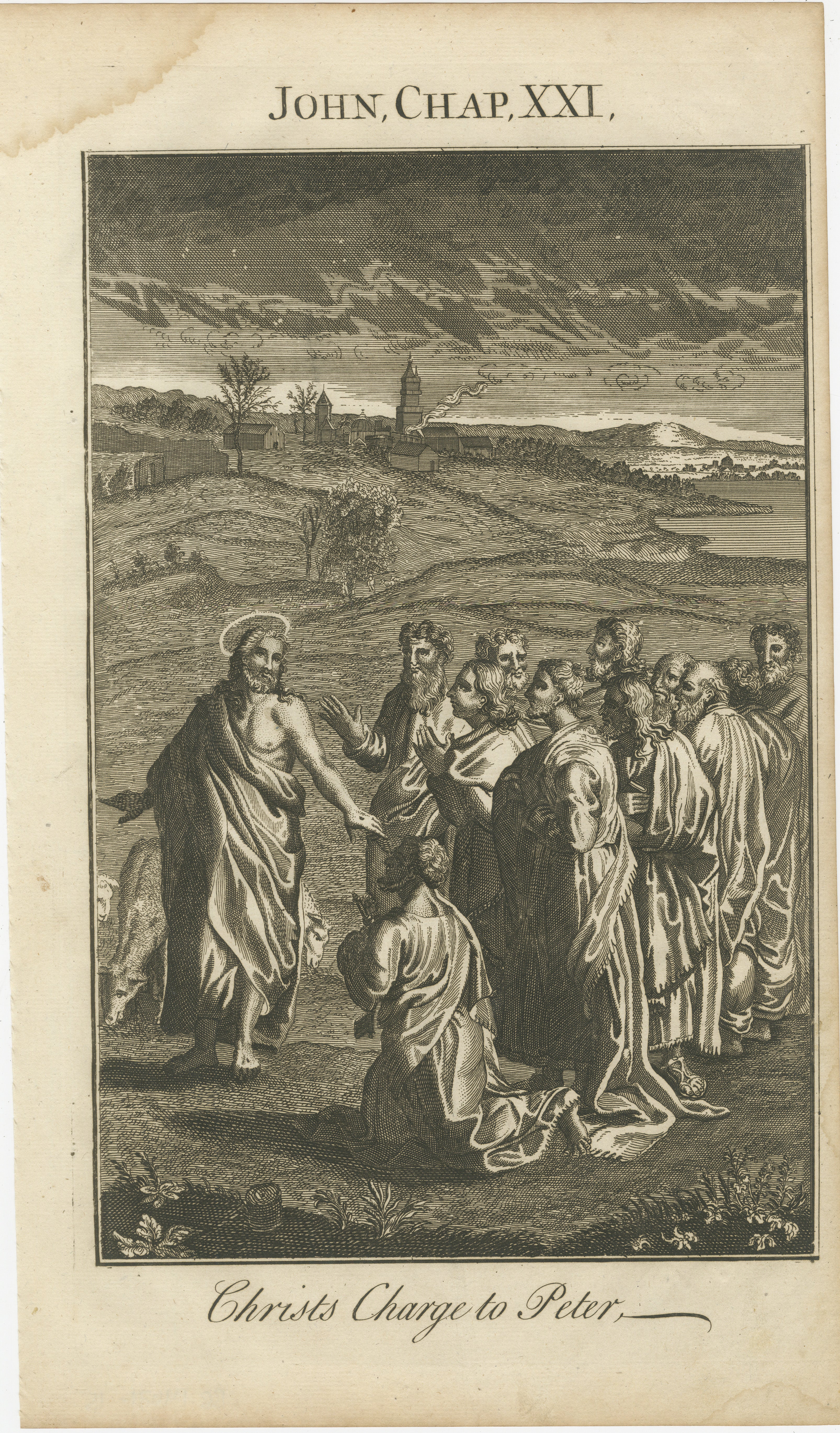 Titel: Die Aufforderung Christi an Petrus Kupferstich - Johannes XXI Weide meine Schafe ca. 1735

Beschreibung:
Dieser tief bewegende antike Stich mit dem Titel 