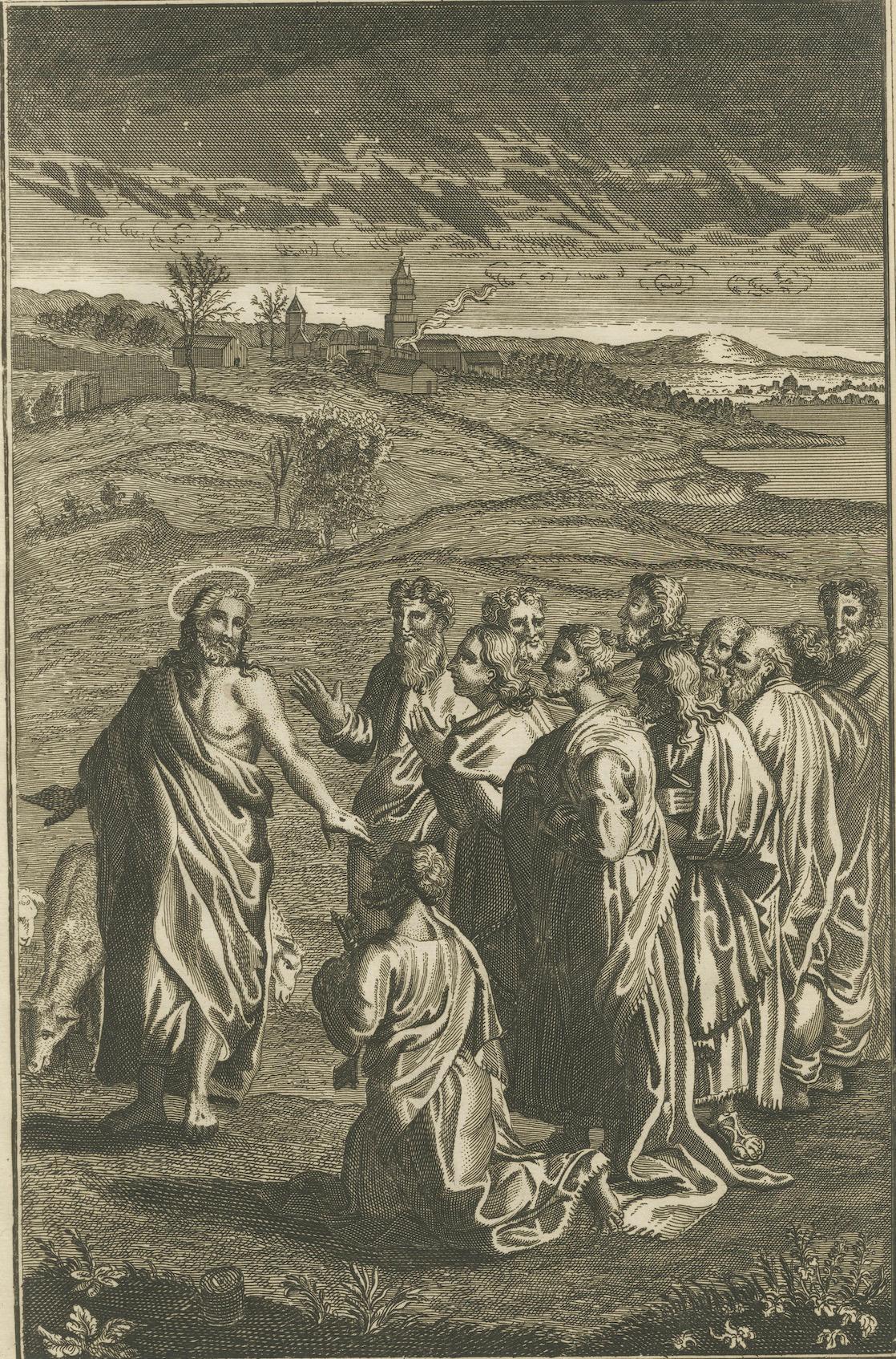 Die Aufforderung Christi an Petrus Kupferstich - Johannes XXI Weide meine Schafe c.1735 (Papier) im Angebot