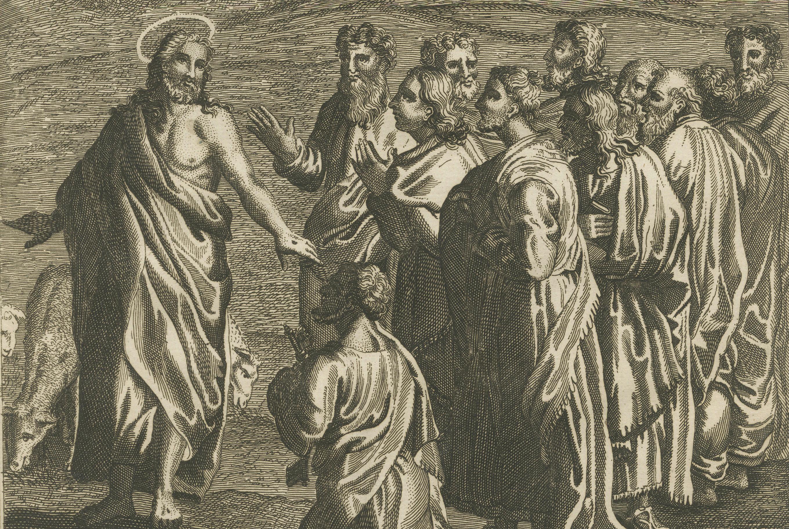 Die Aufforderung Christi an Petrus Kupferstich - Johannes XXI Weide meine Schafe c.1735 (Graviert) im Angebot