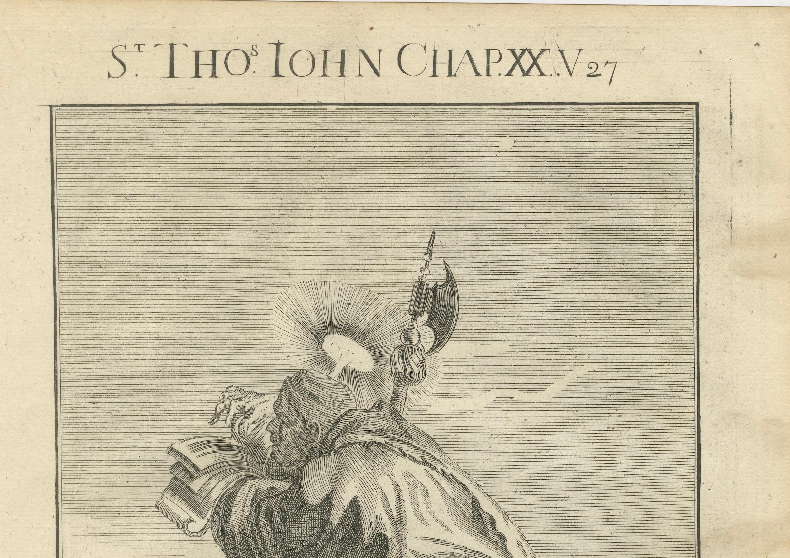 Titel: Apostel Thomas Kupferstich - Johannes XX. Zweifelnder Thomas um 1735

Beschreibung:
Diese detaillierte antike Gravur mit dem Titel 