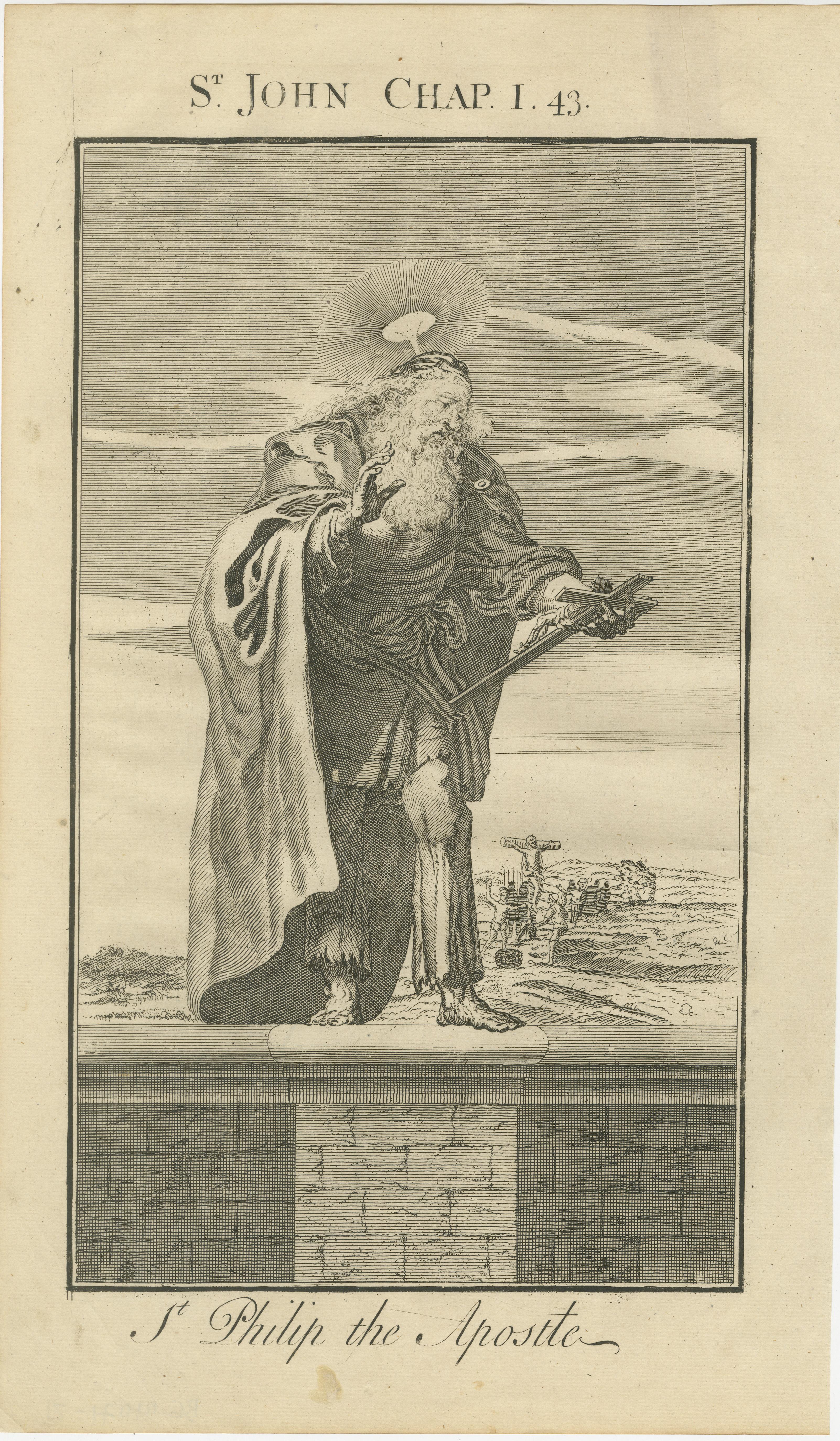 Title: St. Philip Apostle Engraving – John I Calling of Philip c.1735

Description:
This detailed antique engraving titled “St. Philip the Apostle” depicts Philip, one of the Twelve Apostles, referencing John Chapter I, Verse 43, where Jesus calls