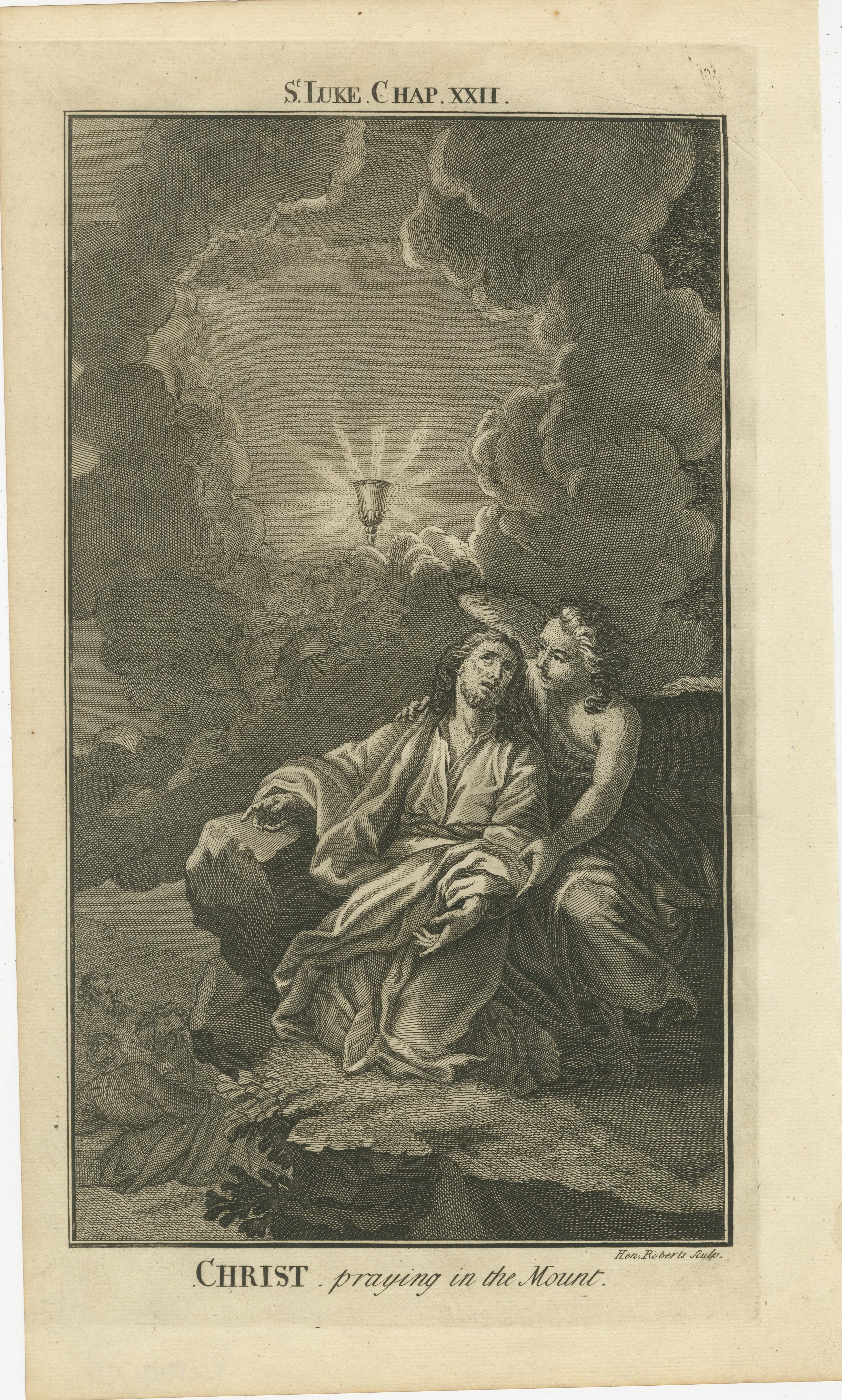 Titel: Christus betend in Gethsemane Kupferstich - Lukas XXII. Ölgarten um 1735

Beschreibung:
Dieser bewegende antike Stich mit dem Titel 