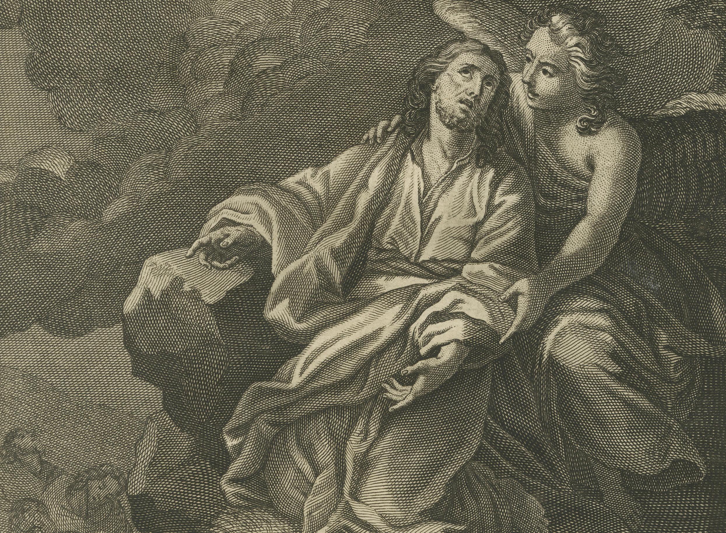 Christus betend in Gethsemane Kupferstich - Lukas XXII Ölgarten um 1735 (Graviert) im Angebot