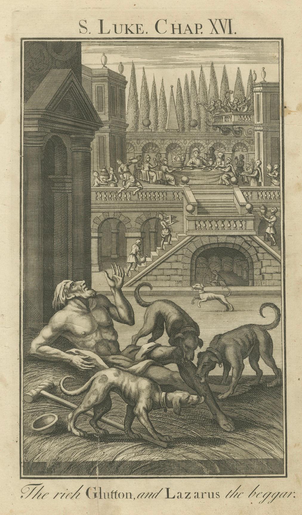Mid-18th Century The Rich Glutton and Lazarus Engraving – Luke XVI Biblical Scene 1735 For Sale