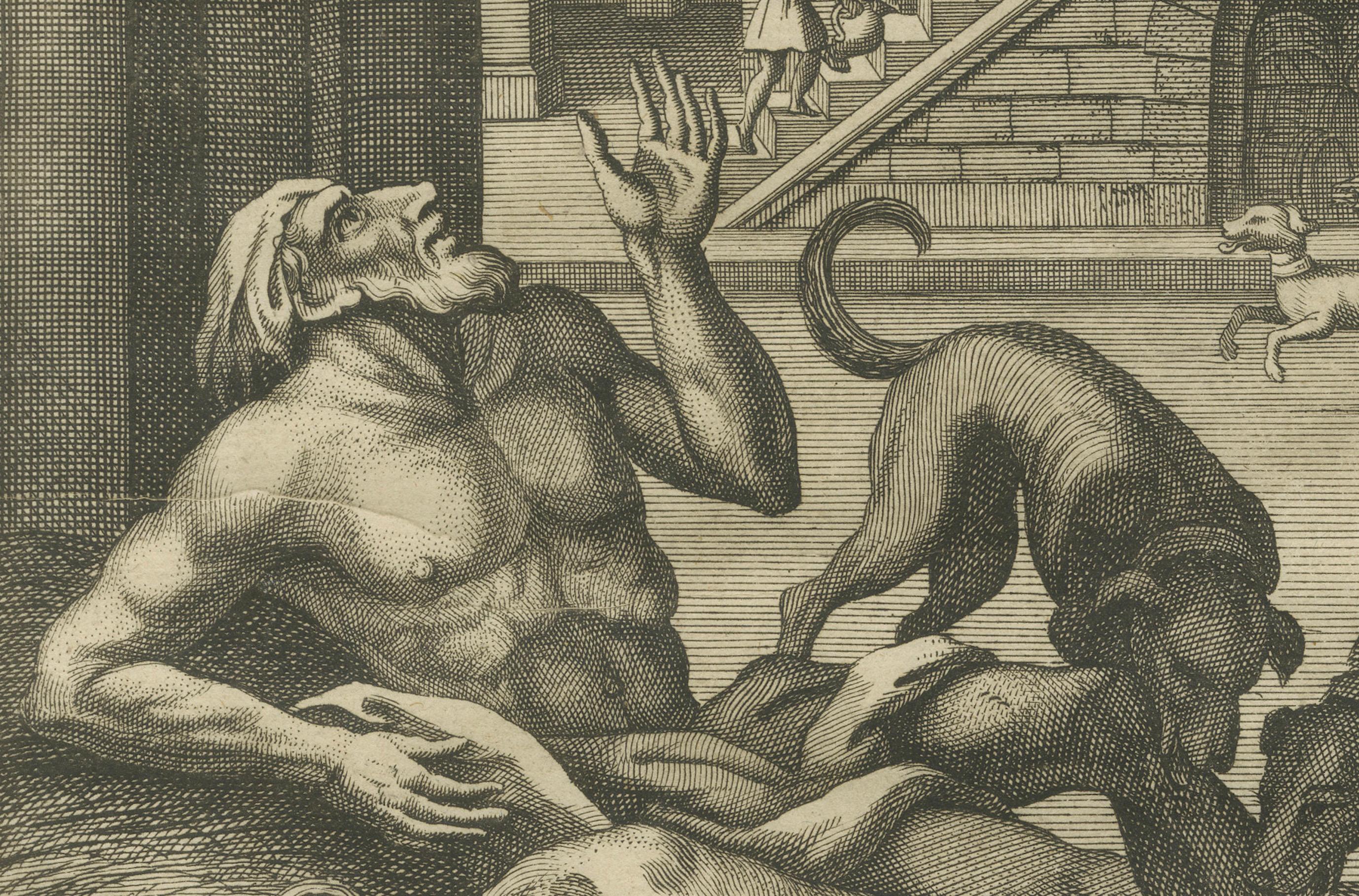 The Rich Glutton and Lazarus Engraving – Luke XVI Biblical Scene 1735 In Good Condition For Sale In Langweer, NL